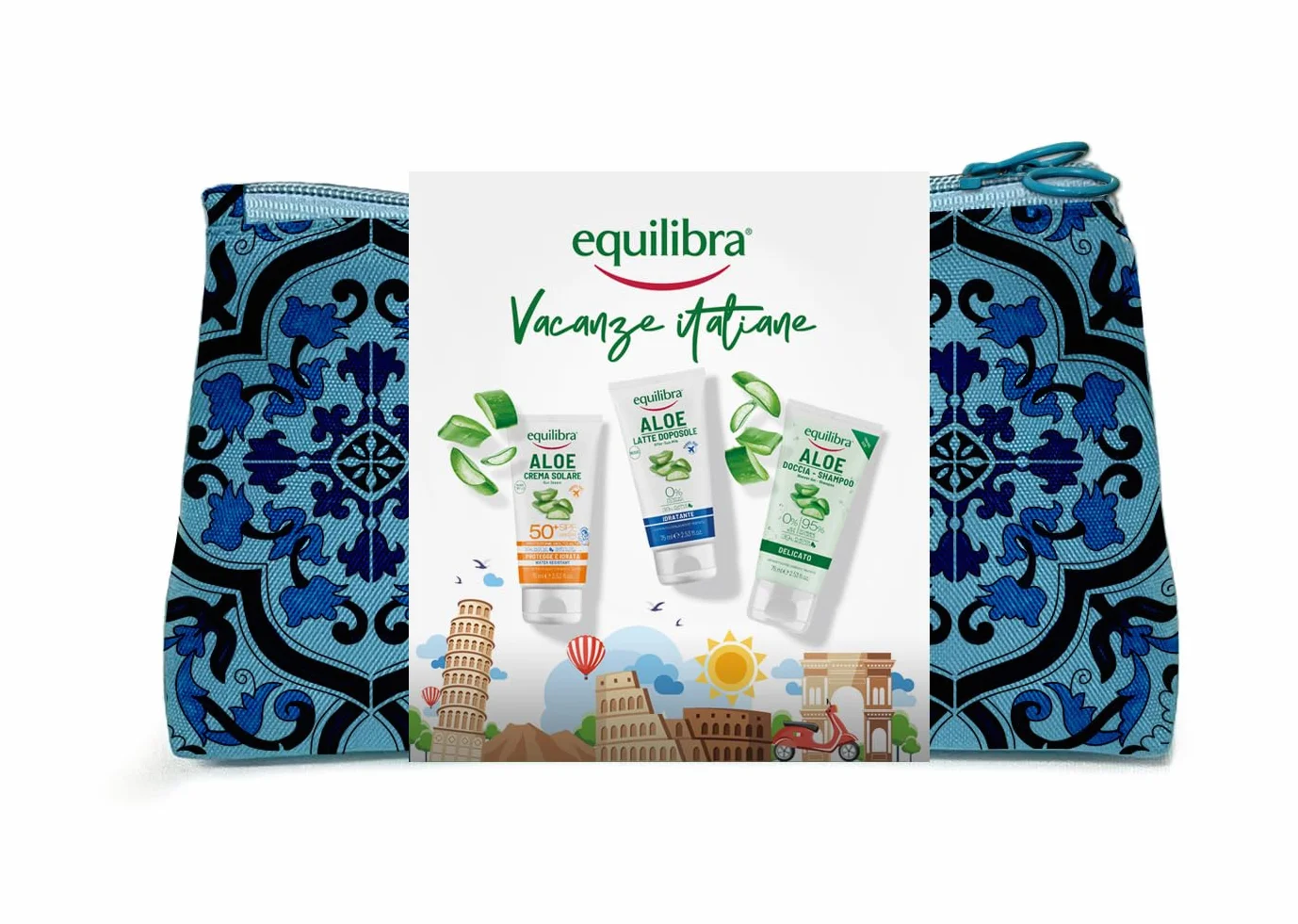 equilibra, Pochette Vacanze Italiane, con Aloe Crema Solare SPF 50+, Aloe Latte Doposole, e Aloe Doccia-Shampoo, in Pratico Formato da Viaggio, Dermatologicamente Testati, Adatti a Pelli Sensibili