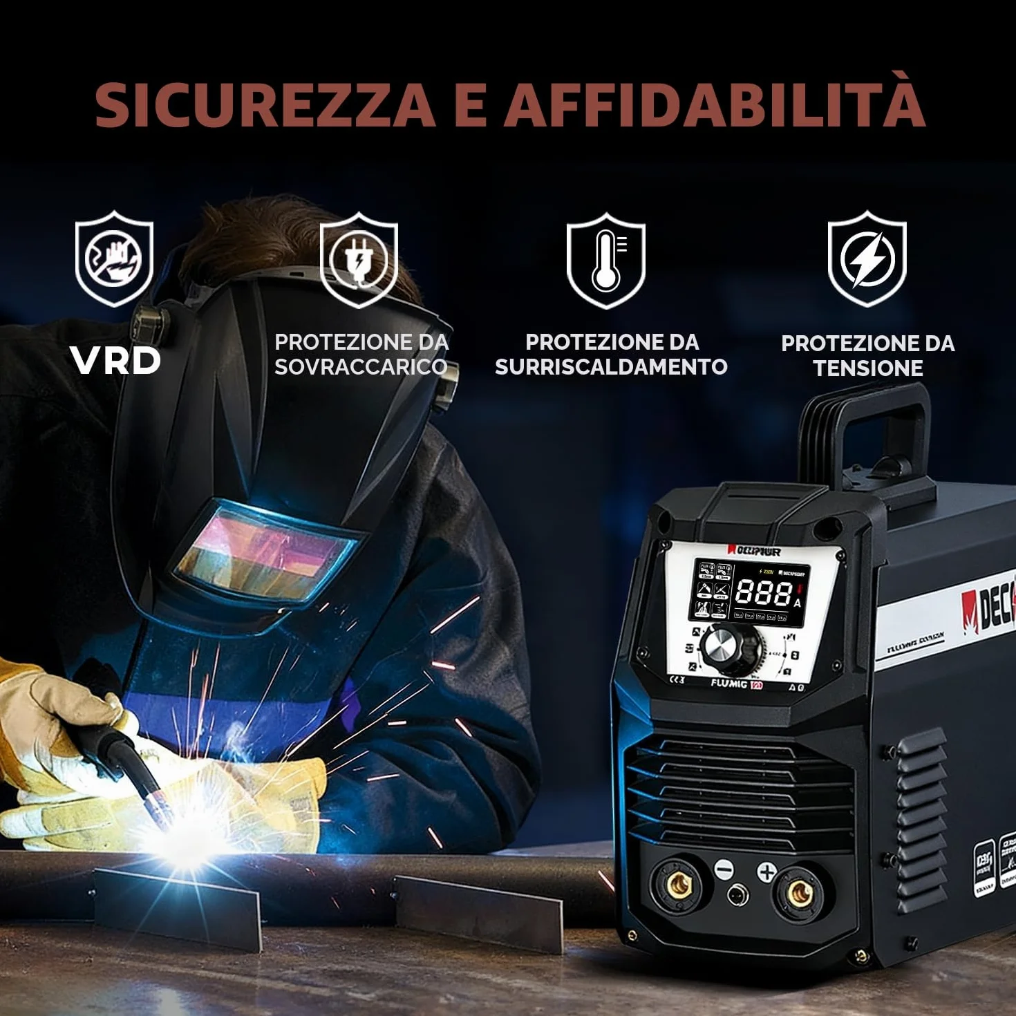 Decapower 220V Saldatrice 120A Arco Lift TIG FLUX MIG 3 in 1 senza gas FLUXMIG-120