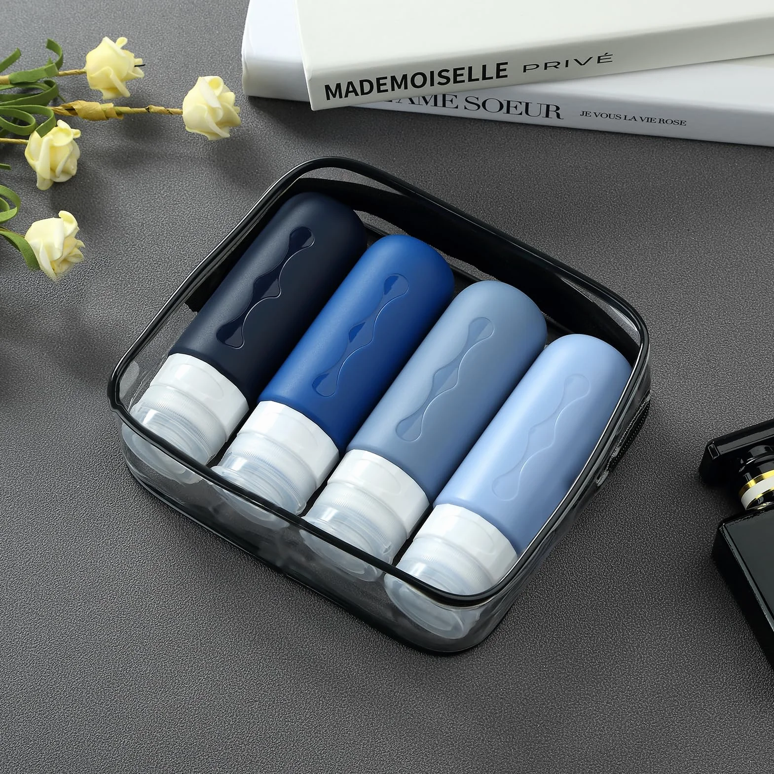 Gemice Bottiglie da Viaggio in Silicone, 4Pezzi 90ml Contenitori con Riutilizzabili Comprimibili, per Shampoo, Balsamo, Crema, Lozione, per Viaggio in Aereo