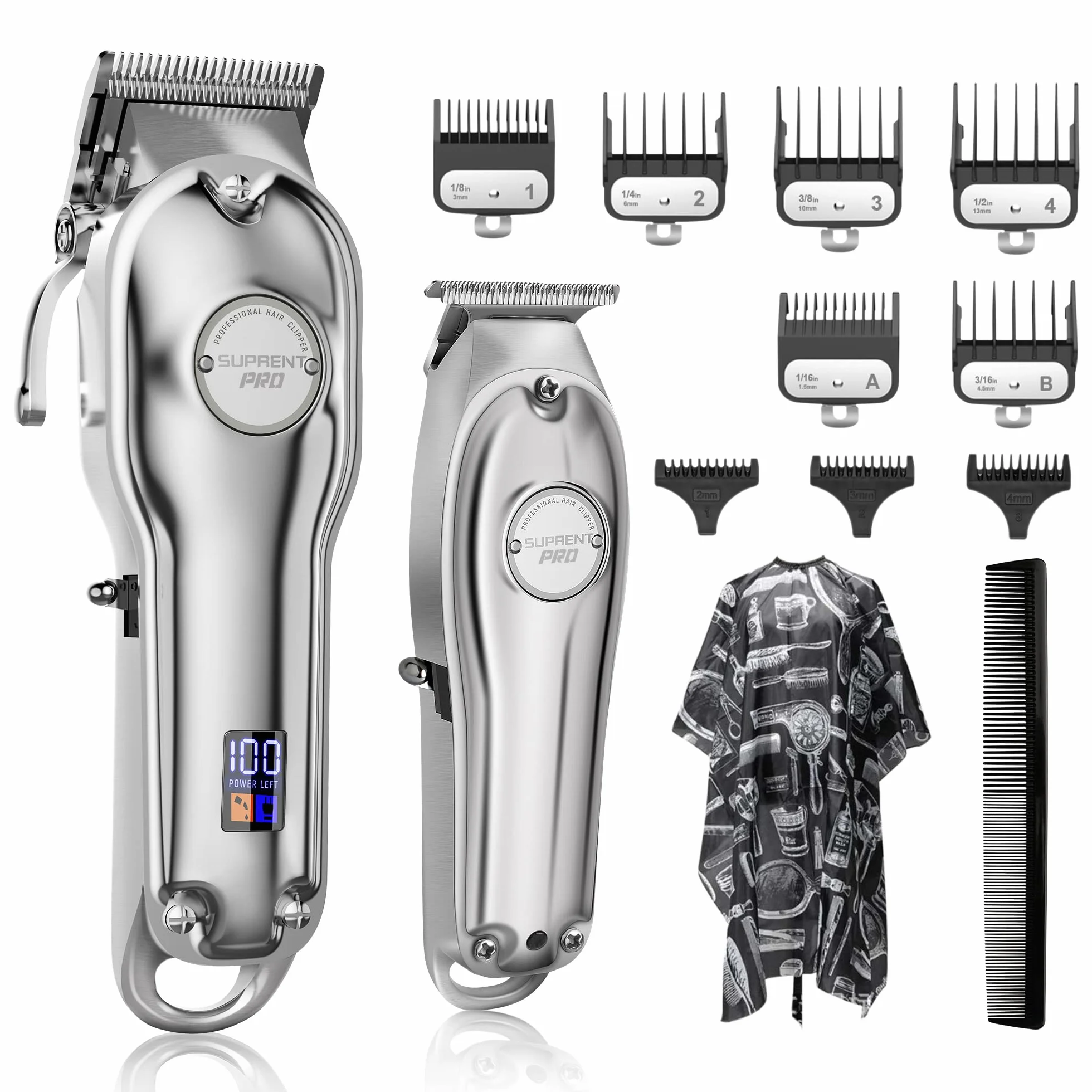 SUPRENT Tagliacapelli Uomo Professionale, Elettrico Taglio Capelli Taglierina Macchinetta senza fili, Regolabarba Uomo Kit con Pettini Guida in acciaio inox (Argento)