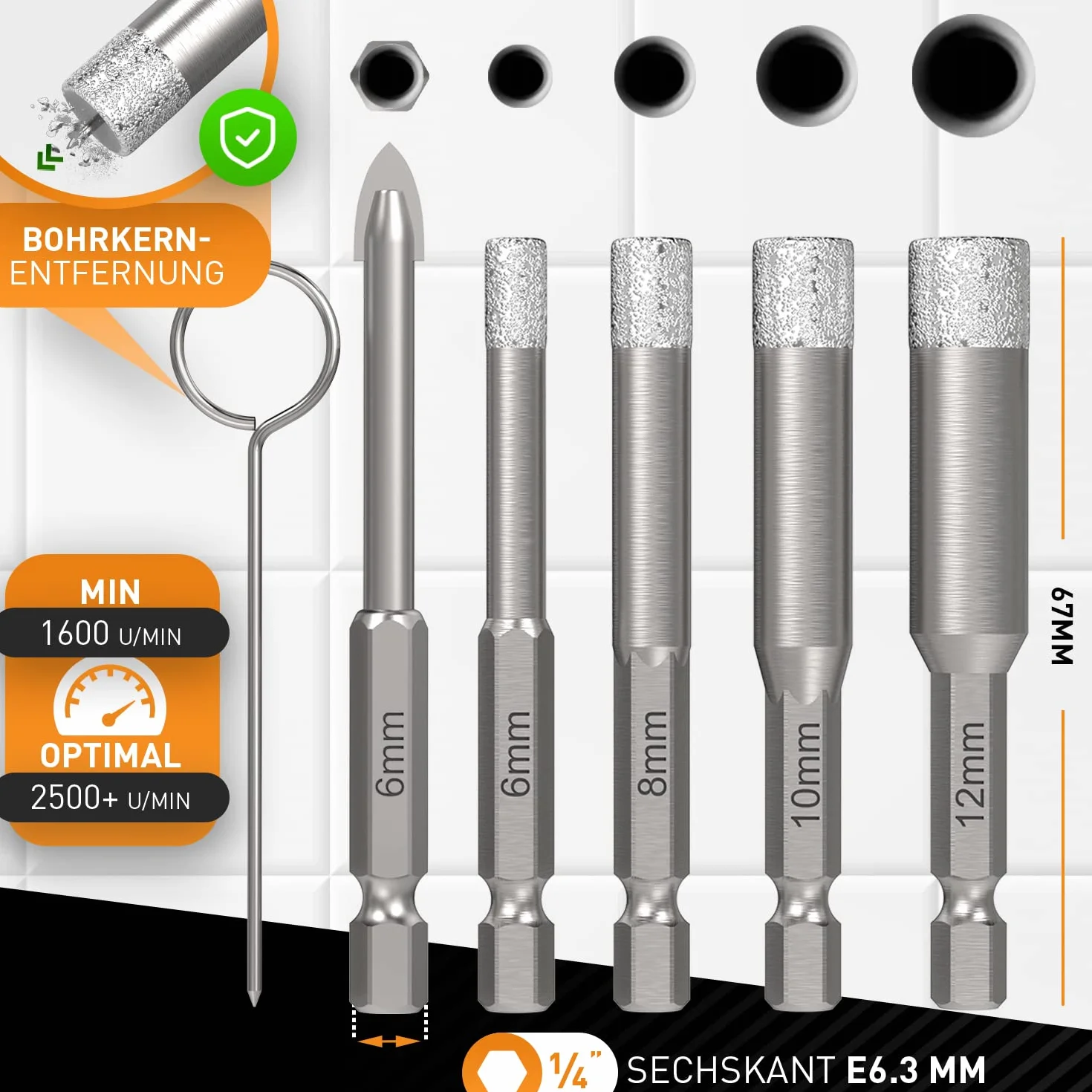 HARDTWERK Set di 6 Punte Diamantate per Piastrelle 6-12 mm Punta Carburo 6 mm