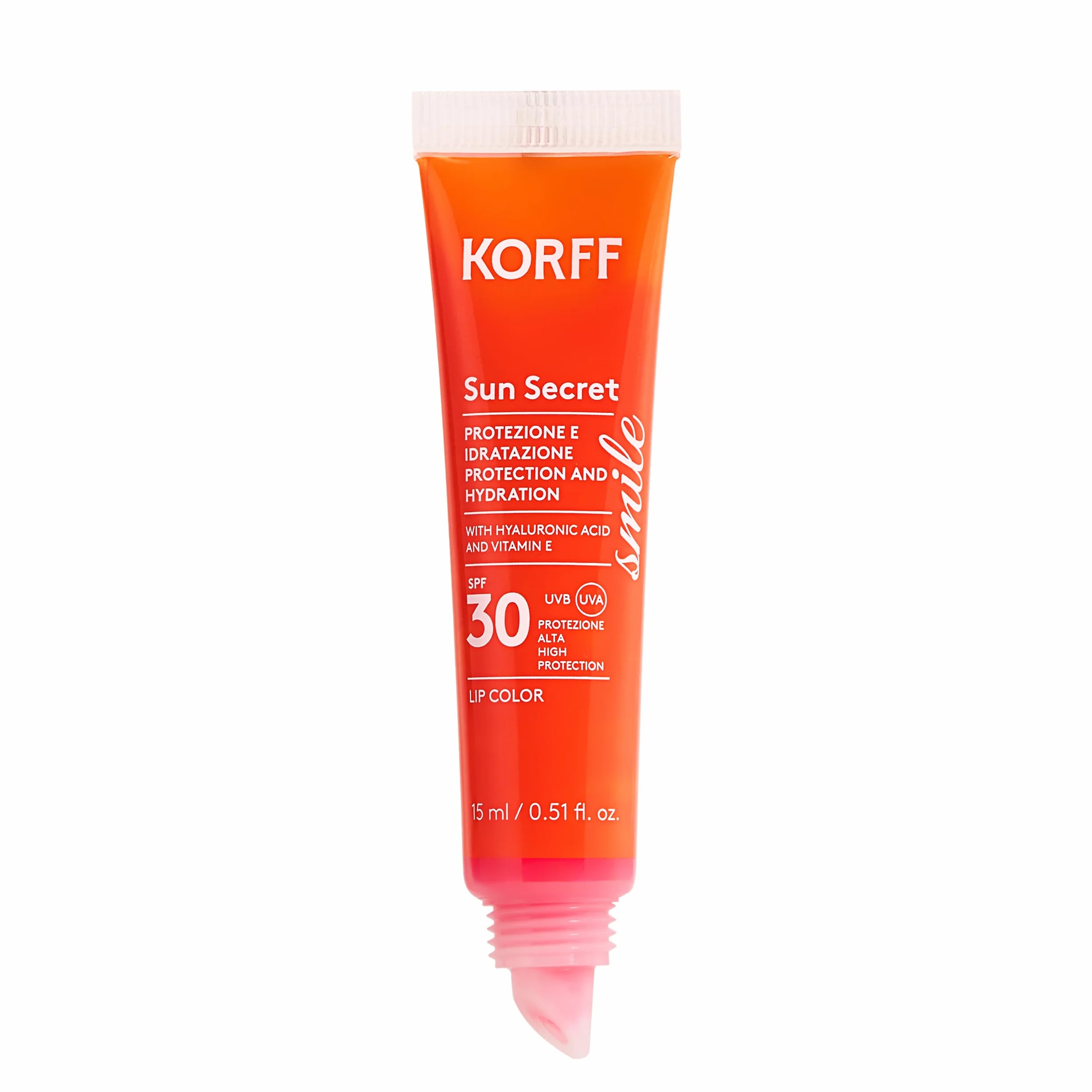 Korff Sun Secret Smile Lip Color SPF30, Stick Labbra Volumizzante e Idratante con Acido Ialuronico, Vitamina E e Burro di Karitè, Protezione Alta. Tonalità 02 Raspberry Pink, 15 ml