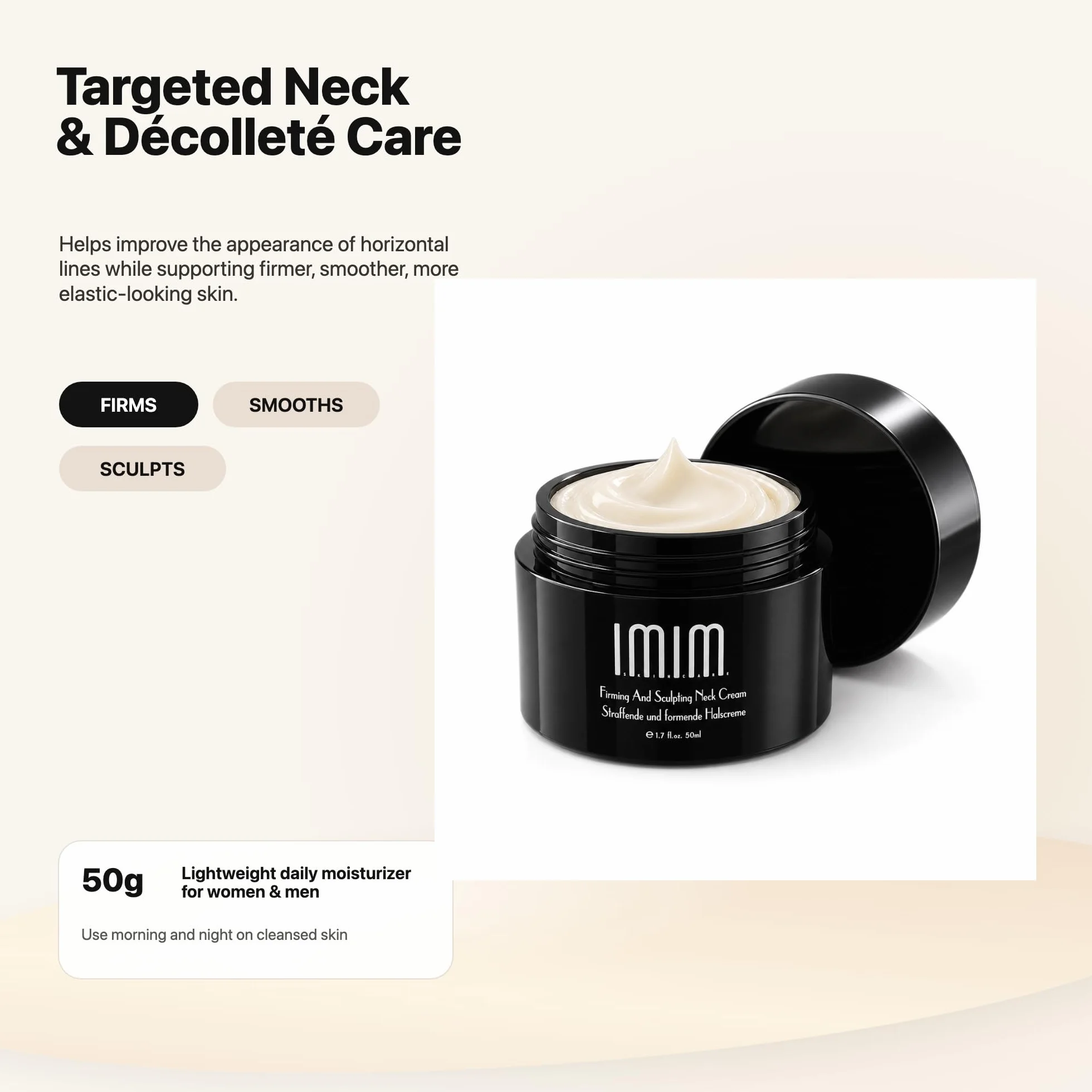 IMIM Crema Collo Rassodante e Modellante 50ml – Crema Antietà Avanzata Effetto Lifting con Tripeptide-1, Pentapeptide-4 e Esapeptide-8 – Idratante Antirughe per Collo e Décolleté