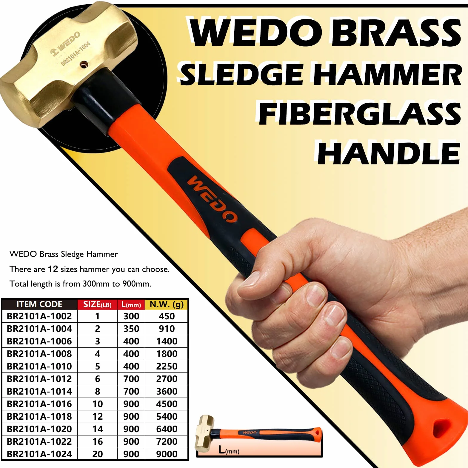 WEDO Martello in ottone con manico in fibra di vetro, non magnetico, 1 libbra, 300 mm, 12 pollici