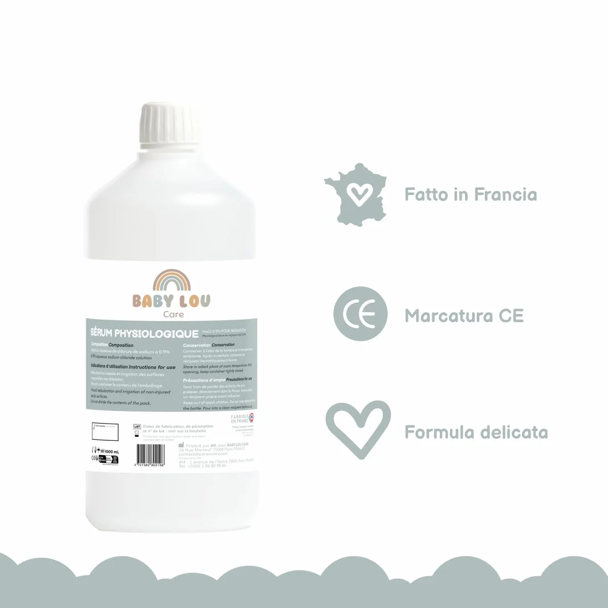 Siero Fisiologico flacone 2x1L | NaCl 0,9% | Fabbricato in Francia | Lavaggio delle fosse nasali | Igiene del naso | Per irrigazione esterna