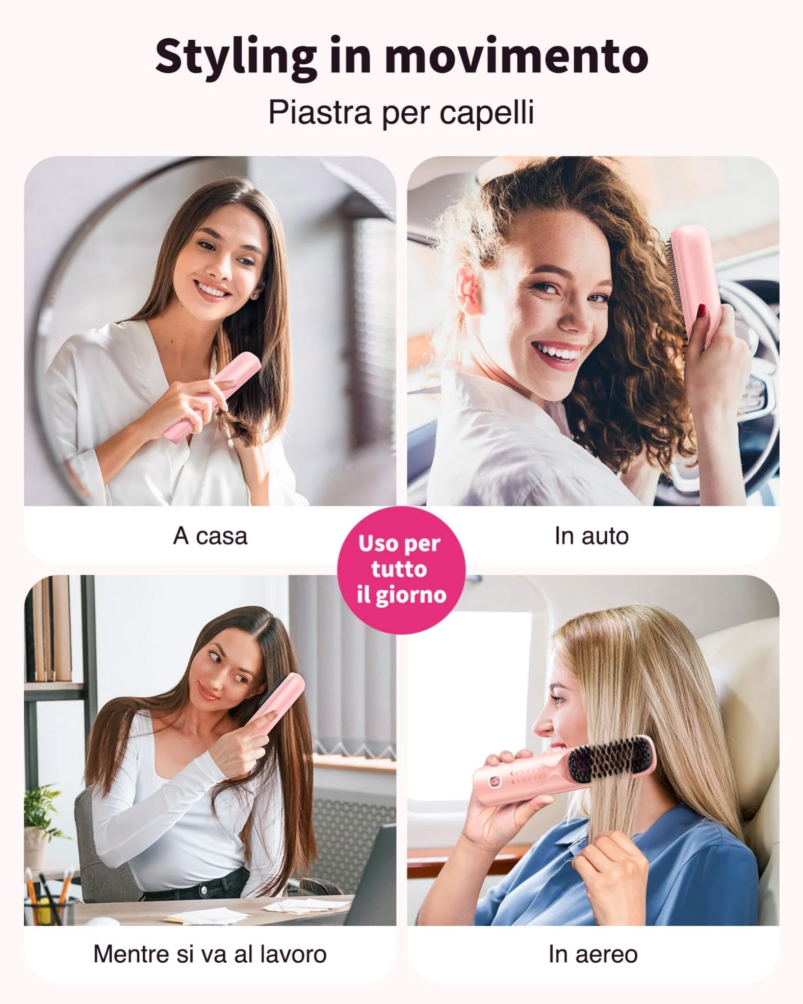 Bopcal Spazzola Lisciante per Capelli 10000mAh - 3 in 1 Spazzola Lisciante Senza Fili 300 Milioni di Ioni, Riscaldata 30S, Ceramica antiscottatura, Viaggio, Portatile e Powerbank JDS1