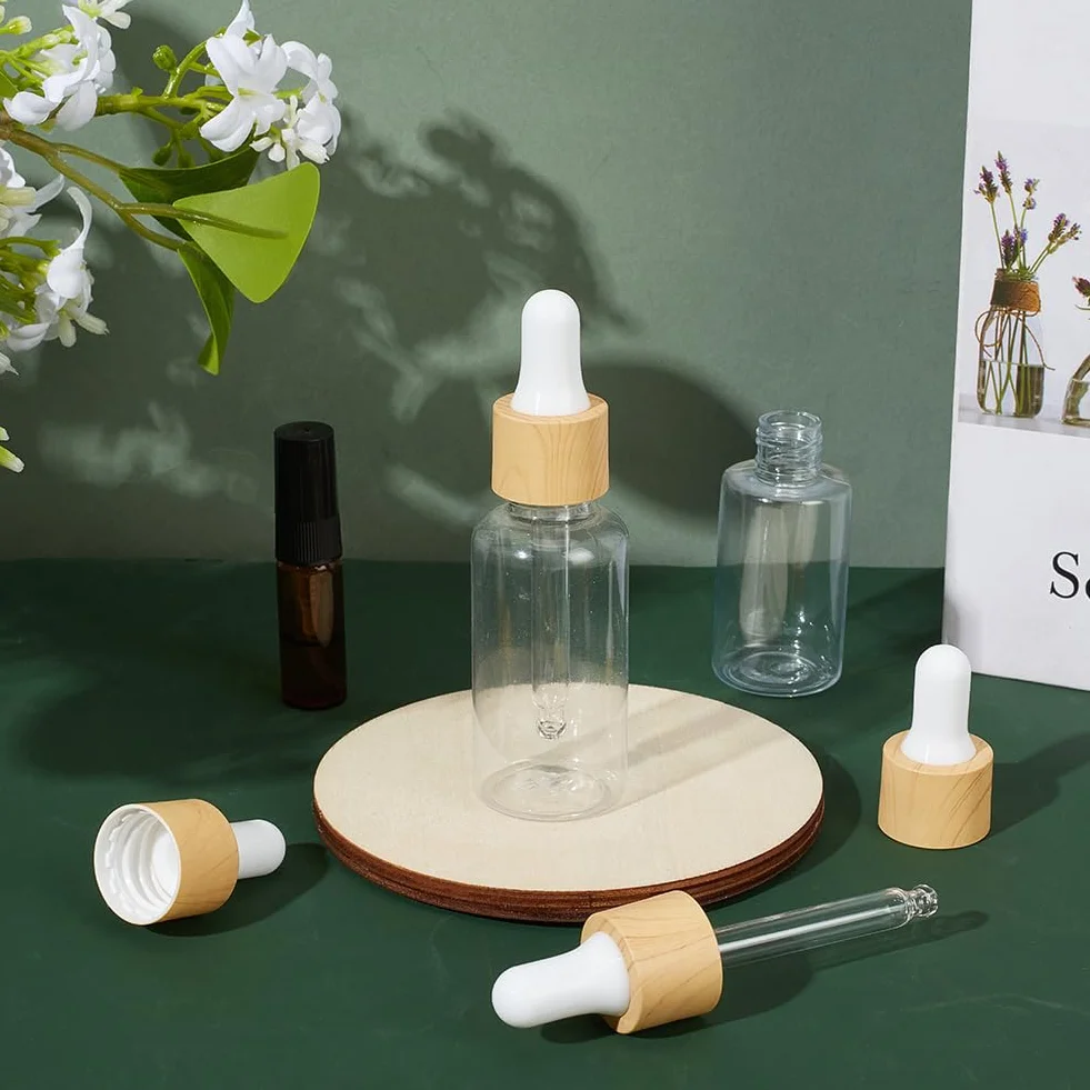 BENECREAT 10 set Contagocce In Vetro, Contagocce per Olio con Coperchio Rotante A Pressione Da 20 ml, Pipetta Contagocce In Vetro con Venature In Finto Legno per Flaconi di Olio Essenziale