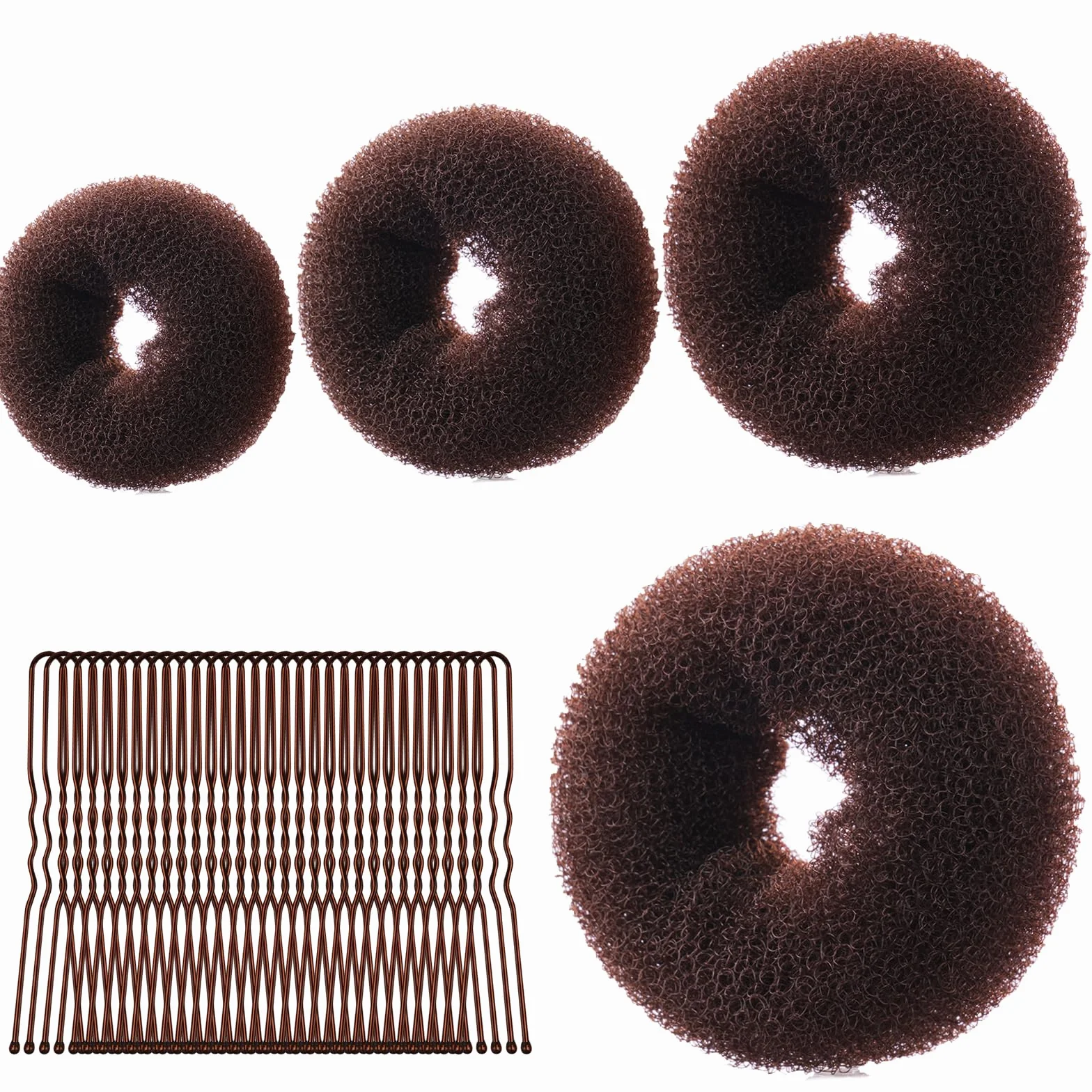 URAQT Ciambelle per Chignon, 4 Pz Chignon Facile per Capelli e 30 Clip a Forma di U, Chignon a Ciambella per Bambine e Donne, Magic Hair Bun Maker per Acconciature Chignon, 6+8+10+12cm(Marrone)