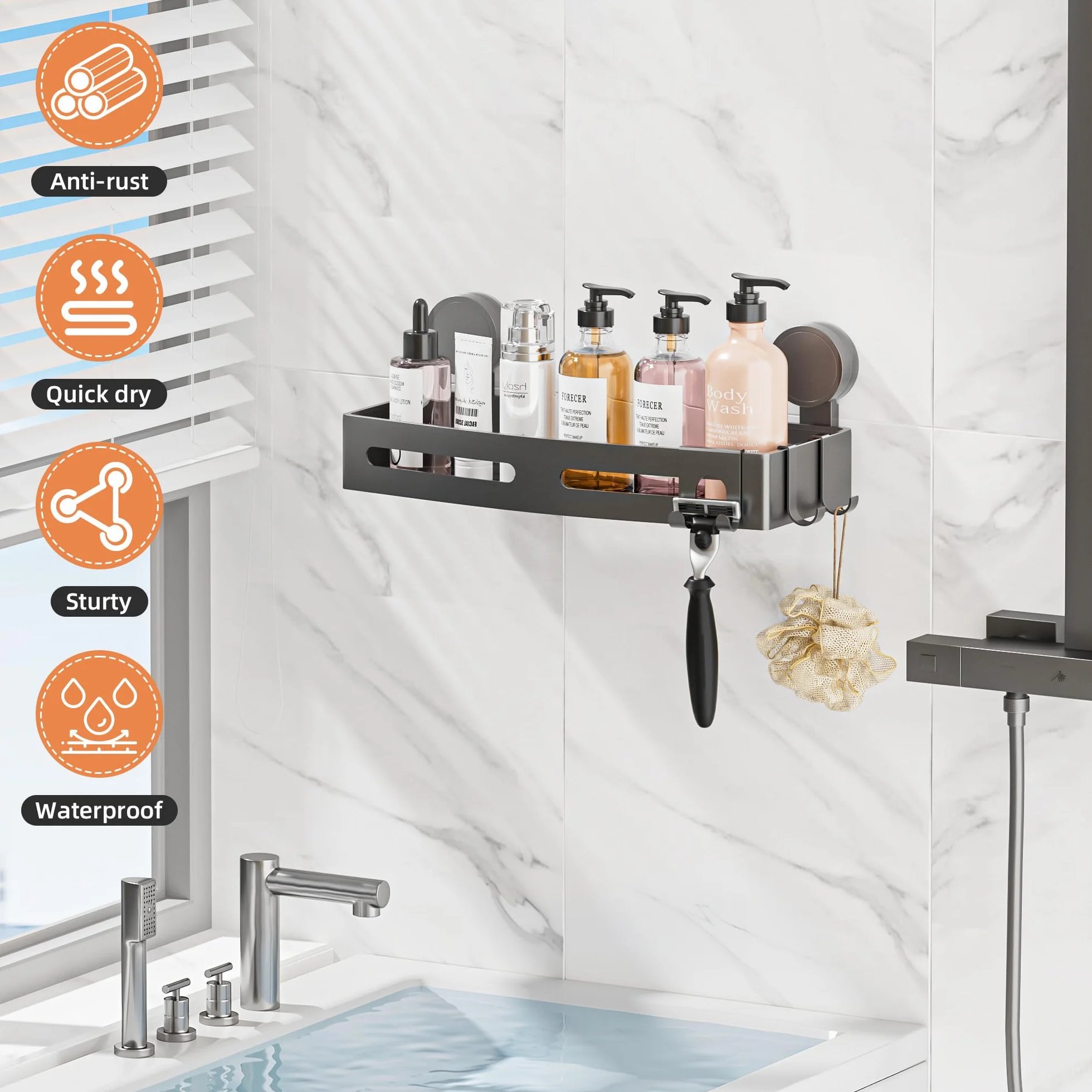 Mensola Doccia Senza Foratura Wisfame, Portasapone Bagno con Ganci, Alluminio Antiruggine Grigio