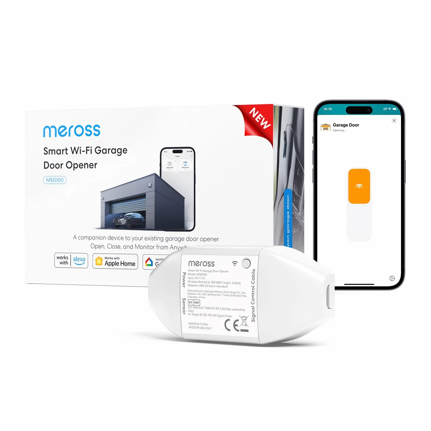 Meross Smart WiFi Garage Controller, Compatibile con Apple HomeKit, CarPlay, Siri, Alexa e Google, Controllo Vocale, Notifiche, Timer, Chiusura Automatica
