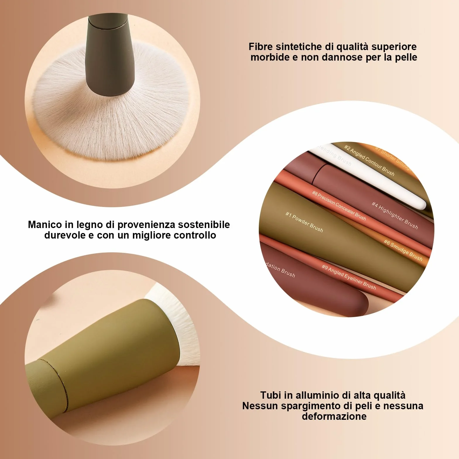 Pennelli per trucco, EIGSHOW set pennelli make up da viaggio Kabuki 5 colori essenziali, fibre sintetiche extra morbide make up per correttori di fard in polvere Contorno e illuminante(9 stück)