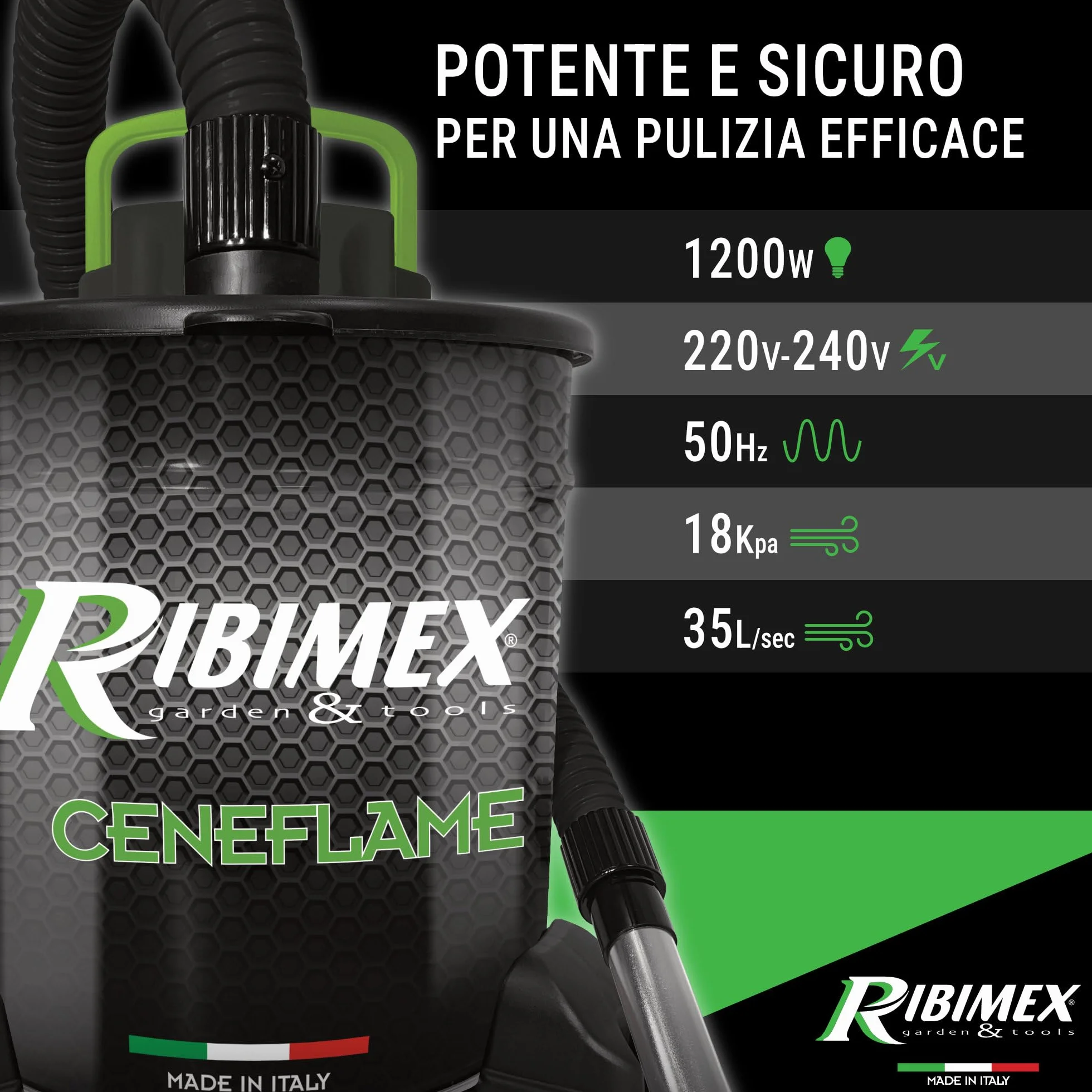 Ribimex Aspiracenere Elettrico Ceneflame 18L 1200W con Filtro HEPA Lavabile PRCEN007