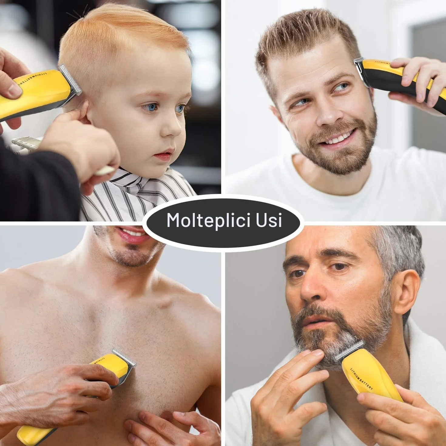 Tagliacapelli Uomo Professionale, Regolabarba Elettrico Barba Rasoio Capelli con 4 Pettine Guida e Potenti Batterie al litio Ricaricabili Incorporate, per la Cura di Barba, Capelli e Corpo (giallo)