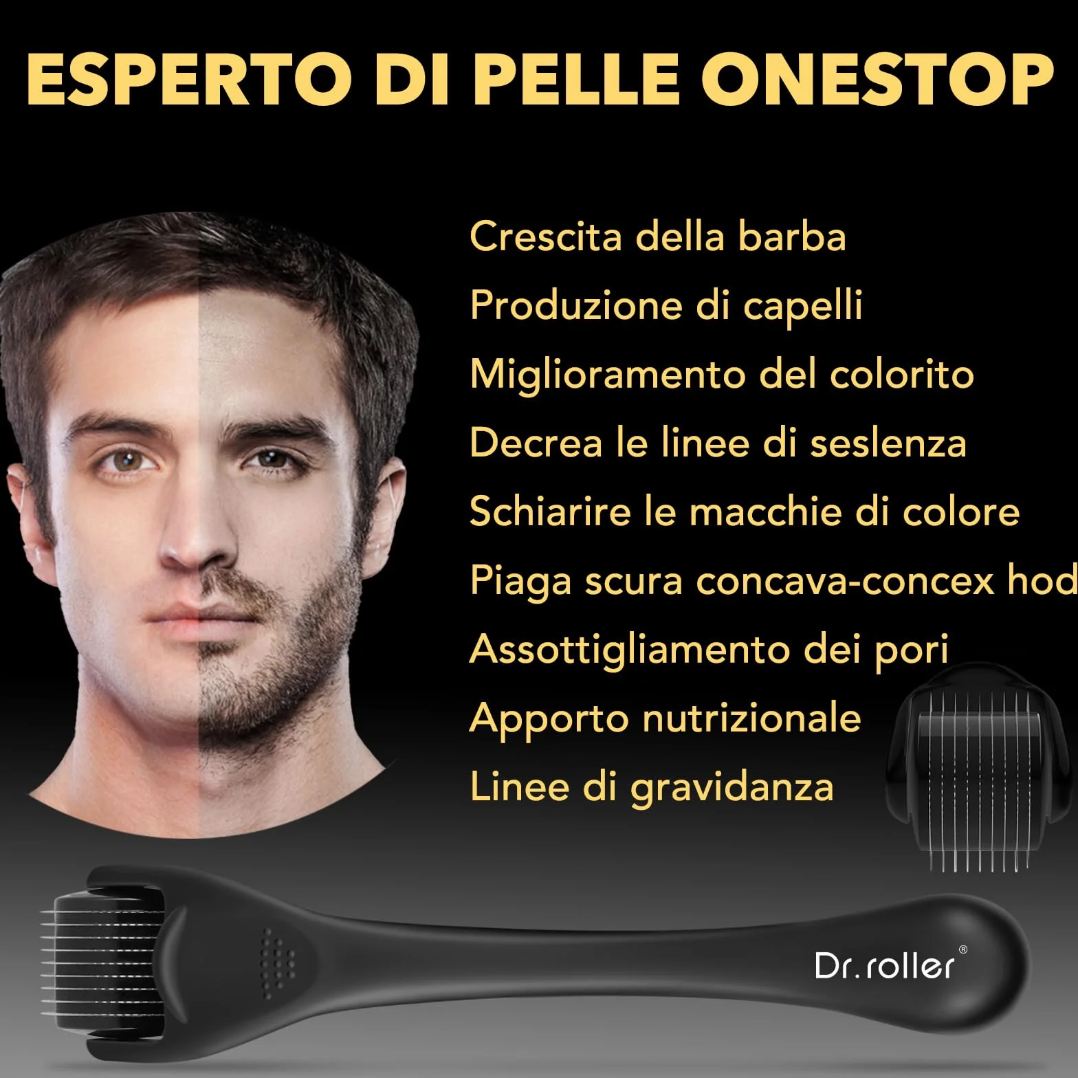 Derma Roller, Microneedling, 1 mm Derma Roller Capelli Viso Uomo e Donna, Microneedle Beard Roller 540 Ago di Titanio