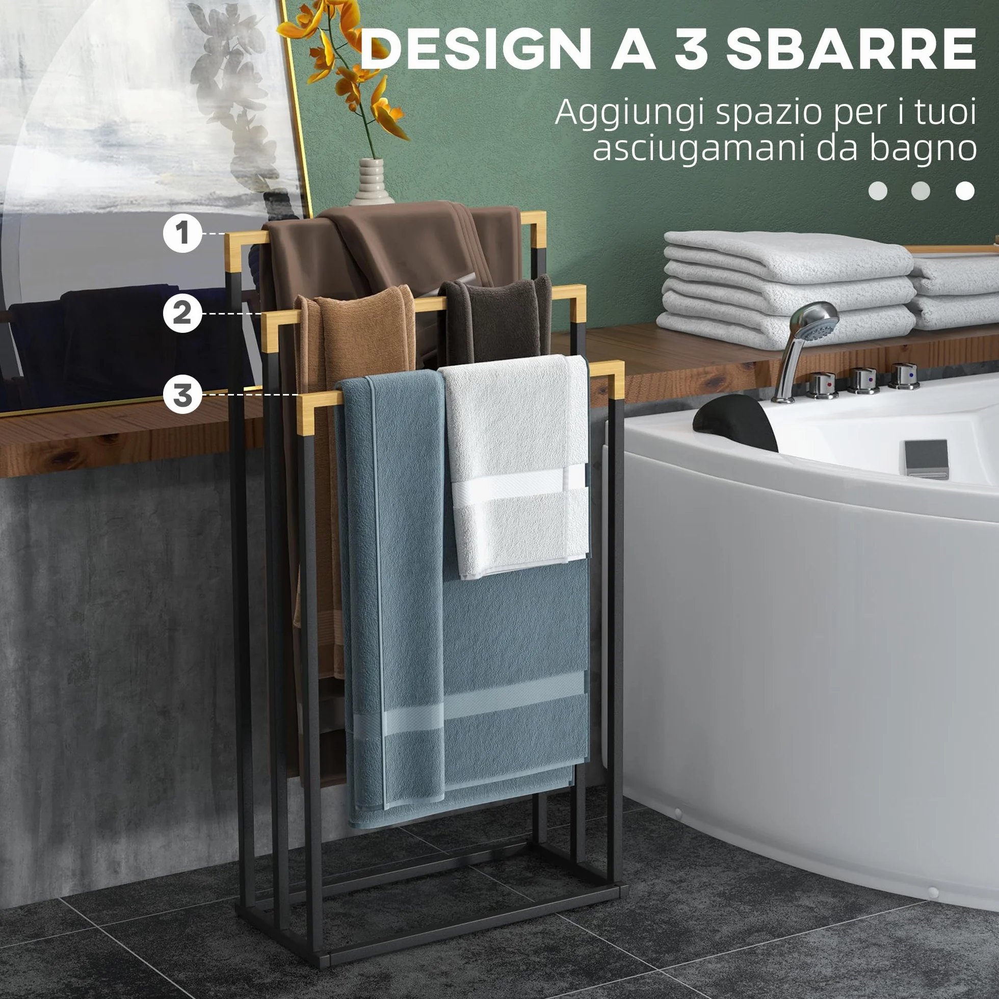 Kleankin Portasciugamani 3 Sbarre Bambù Acciaio Autoportante 45x22.5x86 cm Nero