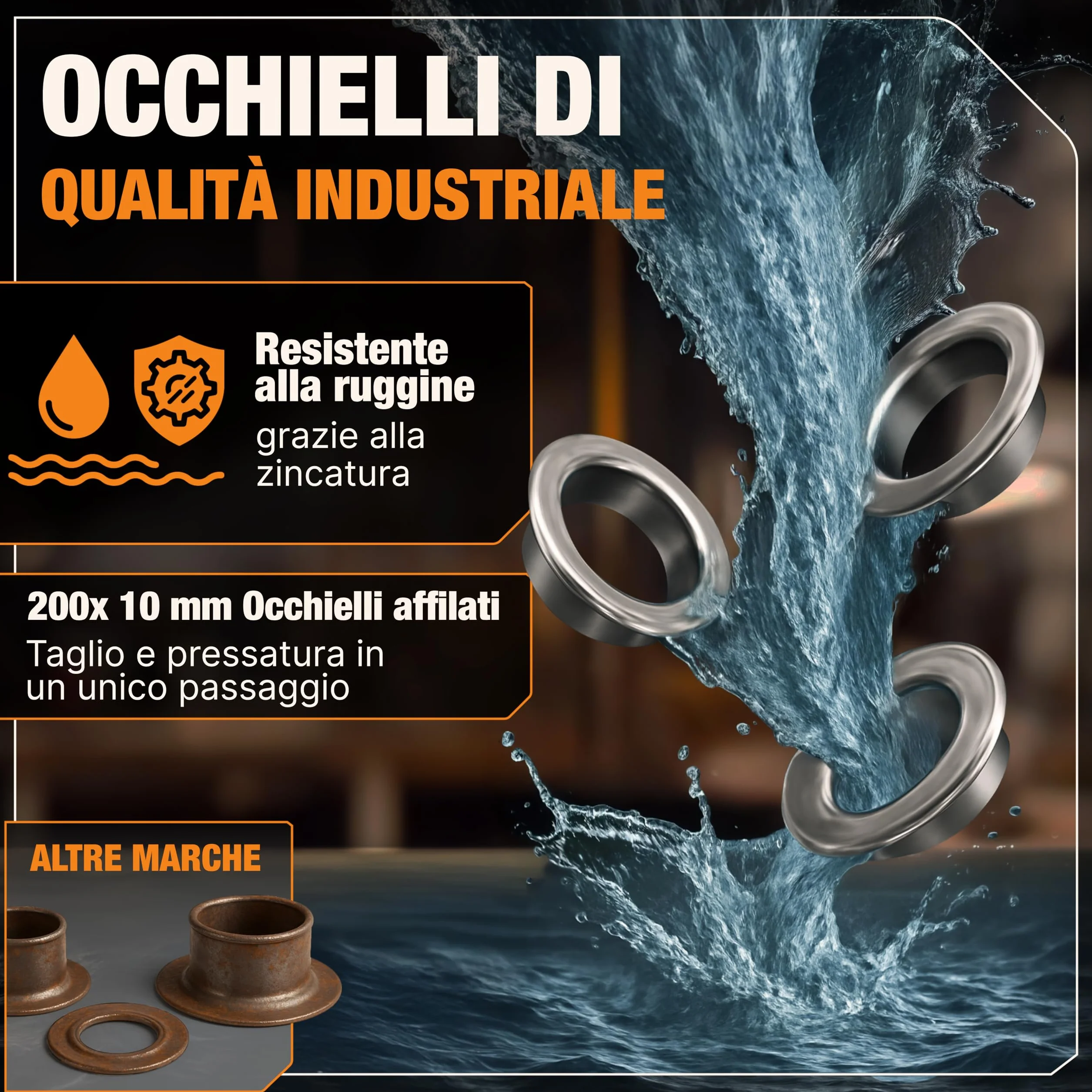 BAURIX Pinza Occhielli con 200 Occhielli Ø10 mm per Telo Stoffa Pelle Tessuti Autopunzante Senza Foro TALOS