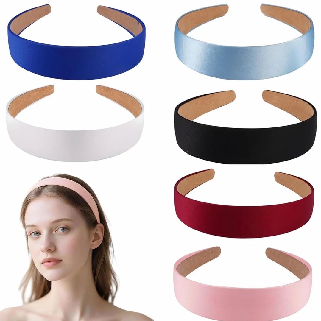 GXGM 6 Pezzi Cerchietto Capelli Donna, Cerchietti Colori In Raso Ragazze Antiscivolo,Nastro Duro Cerchietto Largo Signore, Fasce per Capelli Pianura, Fascia per Capelli Dura Antiscivolo, Semplice