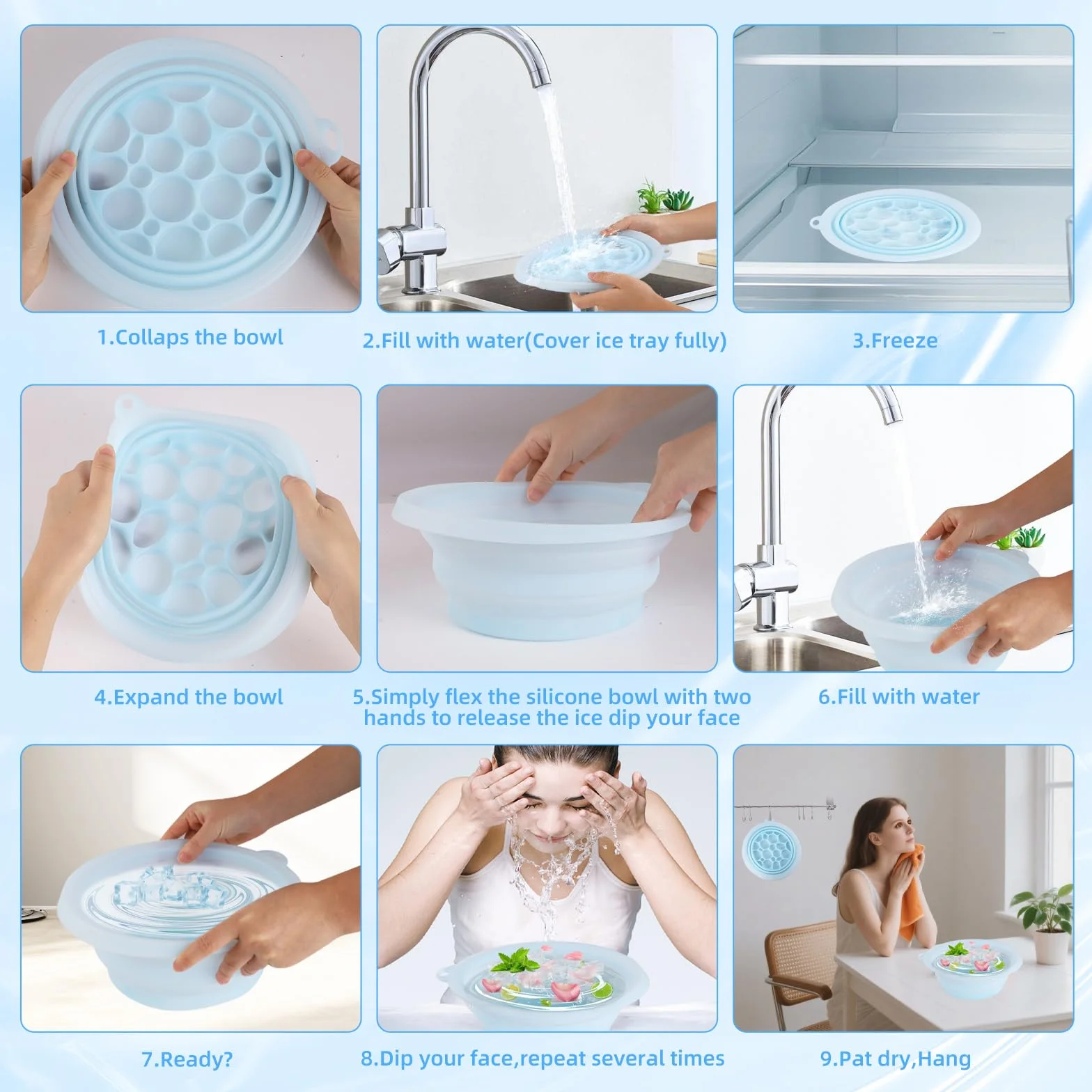 Face Ice Bath Bowl, Silicone Ice Facial Folding Washbasin, Foldable Ice Bath Artifact, Portable Washing Basin, Face Ice Bath Water Chiller for Soothe Skin, Reduce Puffiness, Pore Shrinking
