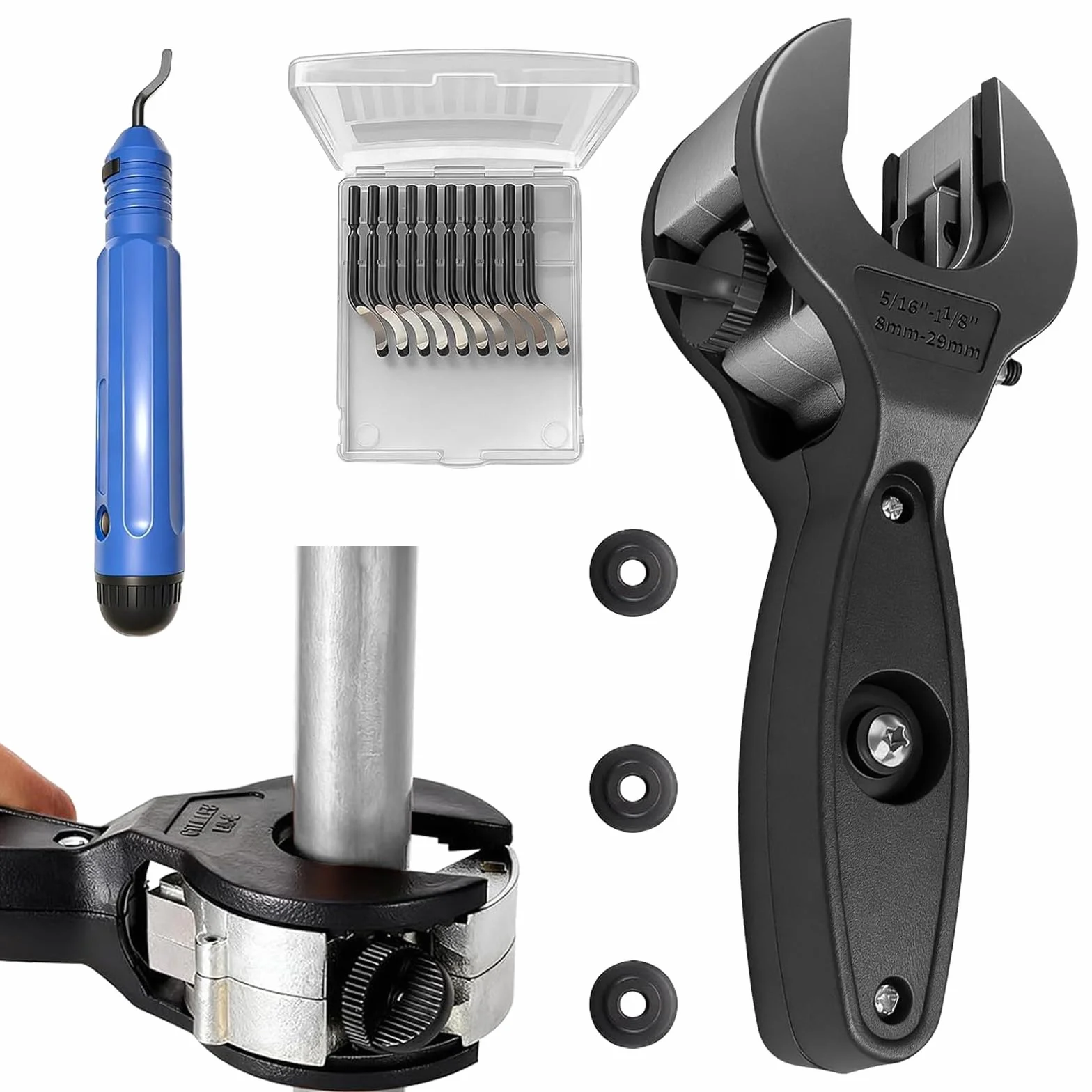 Set tagliatubi a cricchetto 8-29 mm per rame acciaio inox alluminio plastica con 3 rotelle e sbavatura