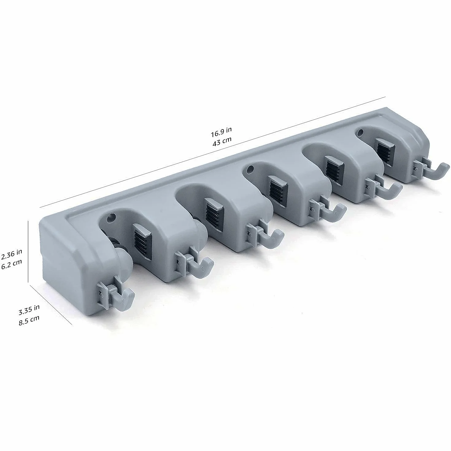 Amazon Basics Rettangolare Porta scopa con supporto da parete e organizer per attrezzi da giardino, 6.2 x 43 x 8.5 cm, Grigio