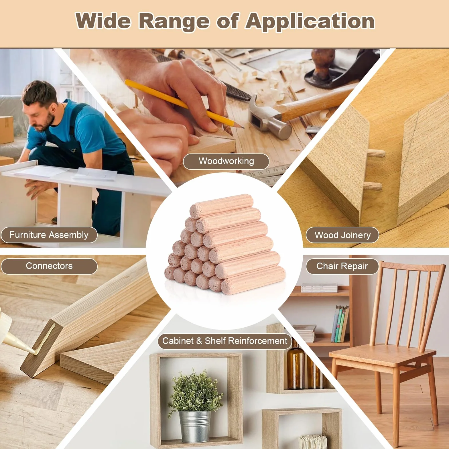 Tasselli in Legno Scanalati 6x30/8x30/8x40/10x40mm, Spine e Perni in Legno Duro 350 Pezzi per Mobili, Assemblaggio
