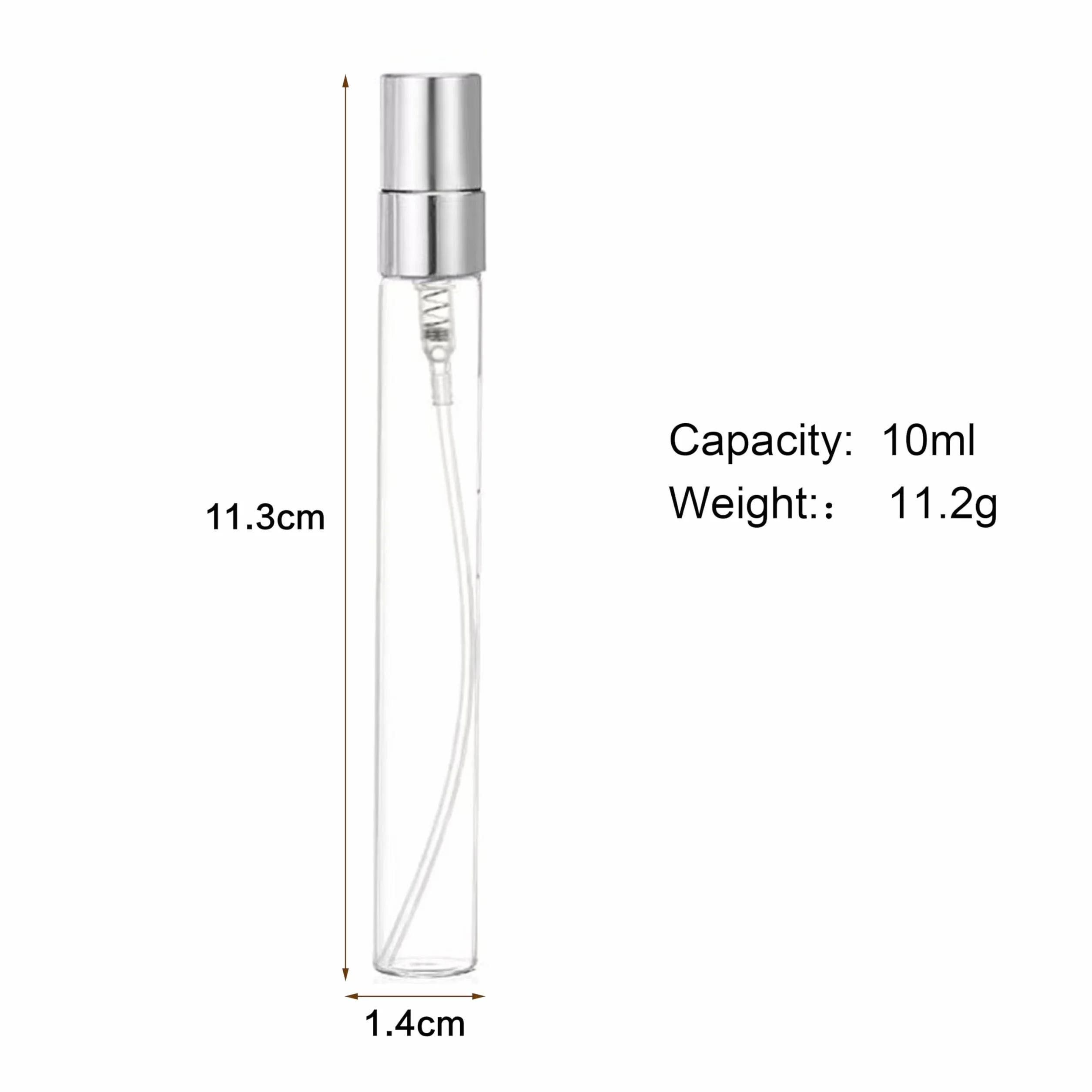 10 ml 10 pezzi Bottiglia di vetro spray ricaricabile per profumo Mini flacone campione di prova, fiale di vetro sottile, argento