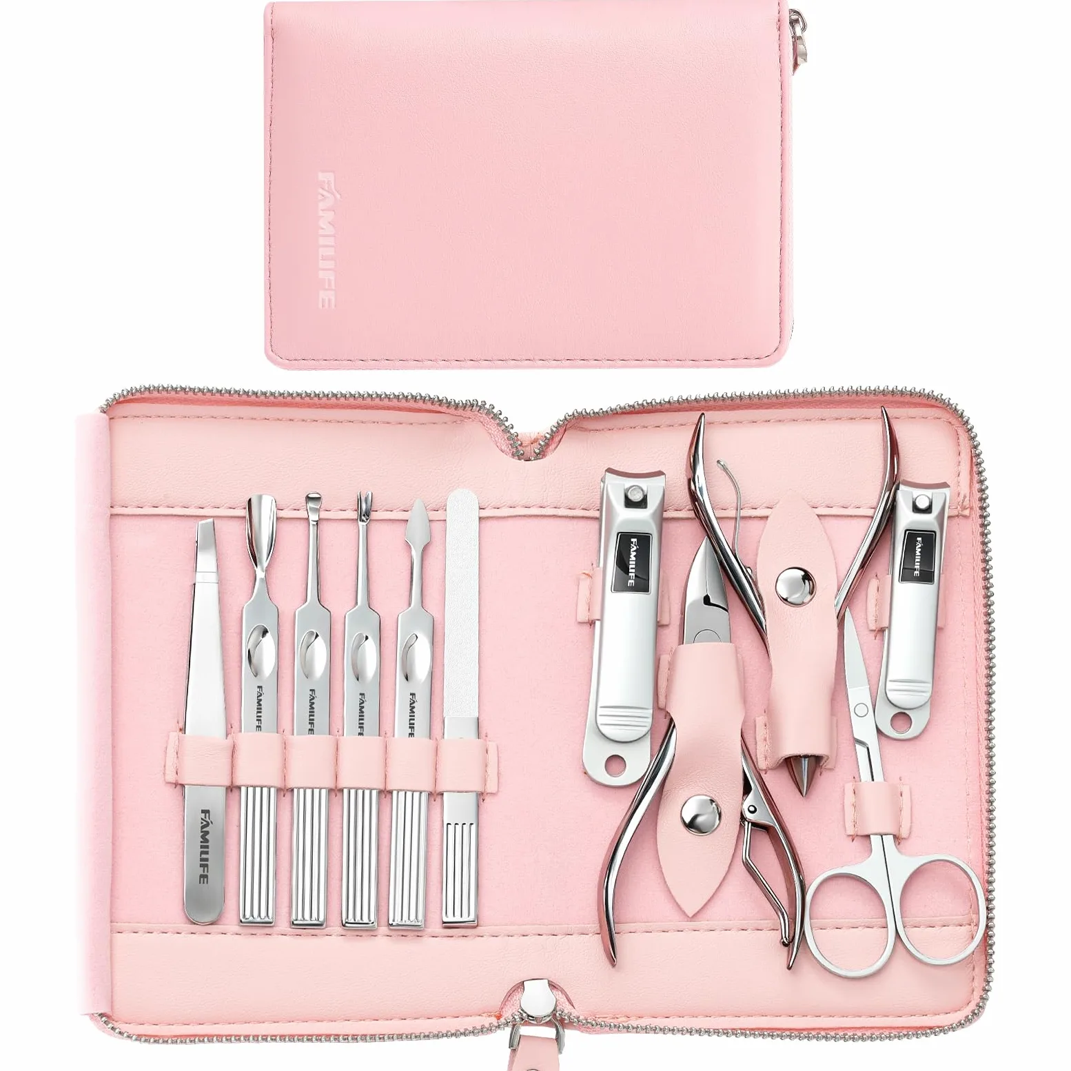 FAMILIFE Set manicure professionale kit manicure kit unghie – 11 pezzi regali per lei tagliaunghie per donne set pedicure in acciaio inox custodia in pelle rosa