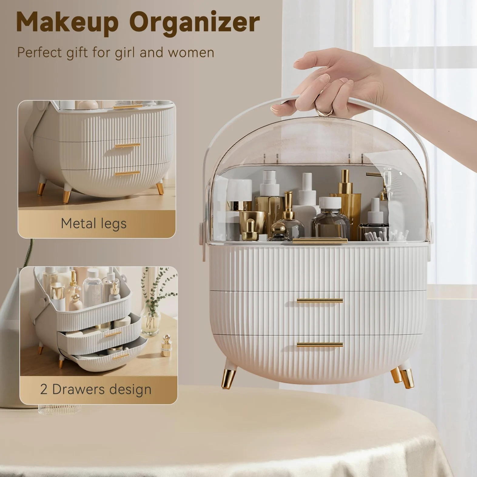 BTGGG Organizzatori per trucchi, organizer per trucchi da tavolo, con cassetti e copertura trasparente, per camera da letto e bagno (bianco)