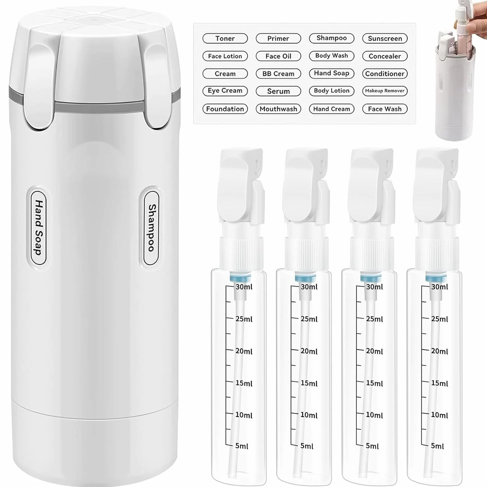 Dispenser da viaggio 4 in 1, Set di flaconi dispenser da viaggio 4 in 1, Dispen-ser da viaggio ricaricabile, Contenitori Portatili Ricaricabili a Prova di Perdite, Kit Viaggio Aereo Bagaglio a Mano