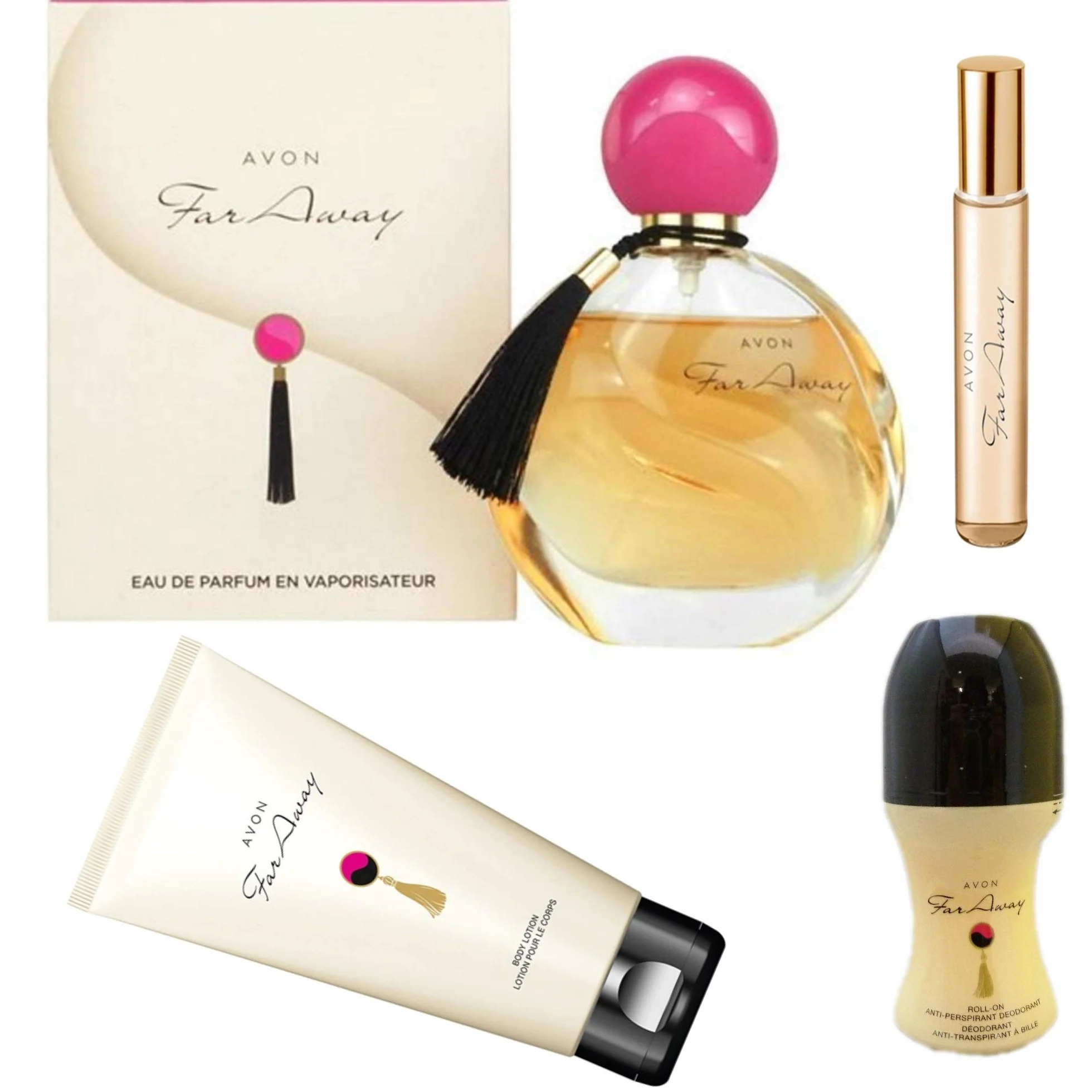 Avon Far Away Eau de Parfum 50 ml + Crema Soufflé per il Corpo 150 ml + Deodorante Roll-On 50 ml + Mini Profumo Roll-On 10 ml + Scatola Regalo Decorativa