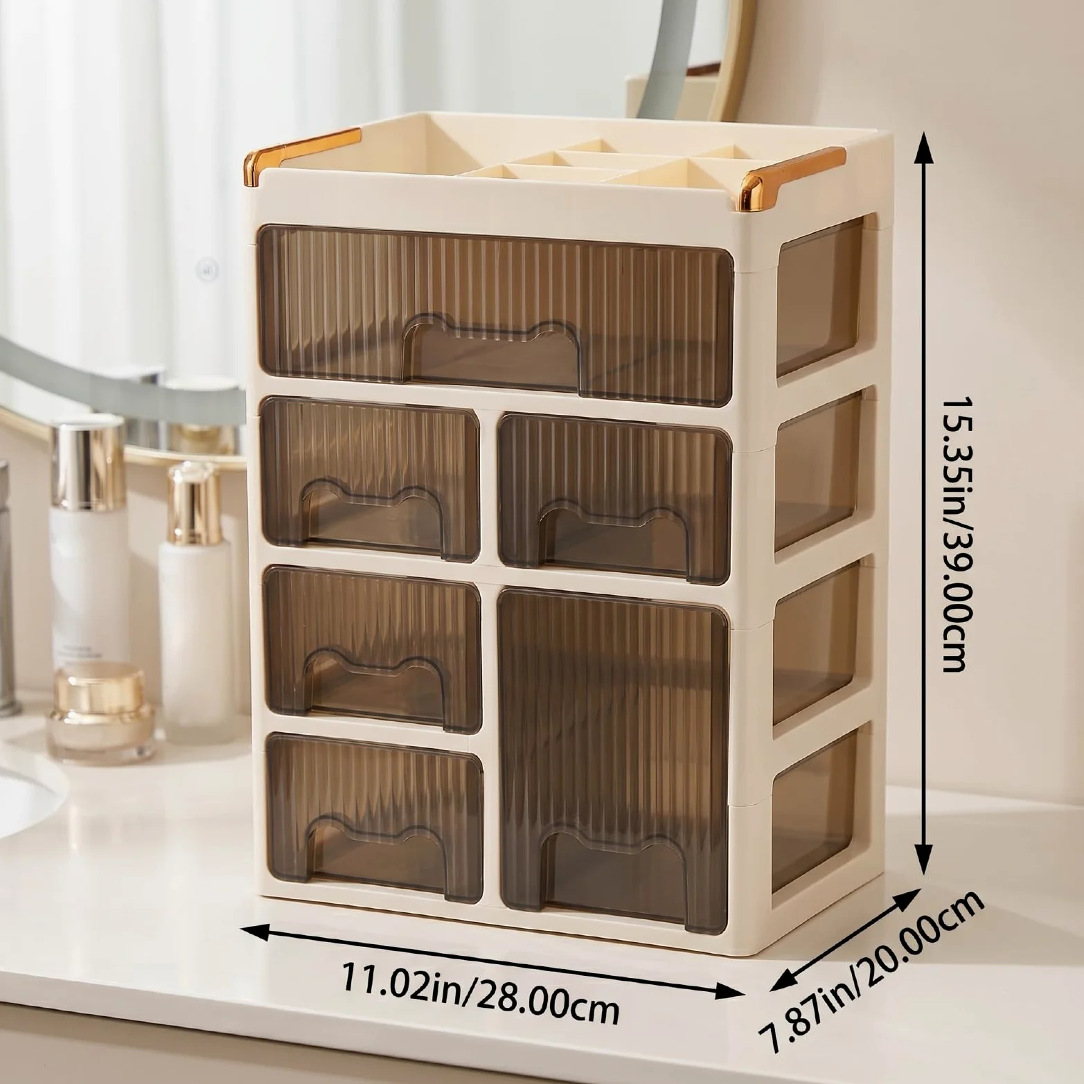 RIZGHWOY Organizer per Trucco Acrilico a 4 Livelli, Piano di Lavoro con Maniglie Dorate