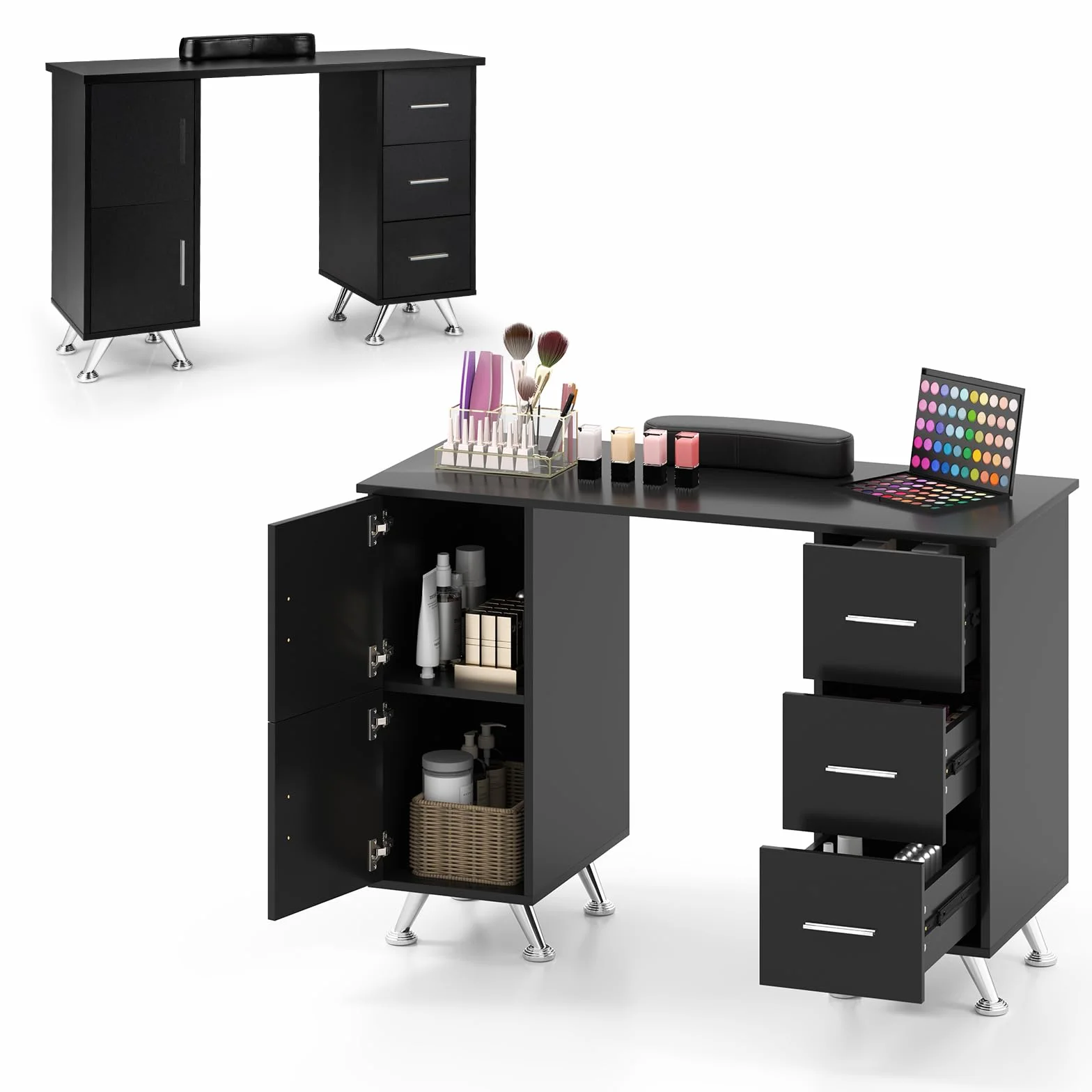 HOMASIS Tavolo per Manicure in Legno, Scrivania per Unghie con 3 Cassetti, 2 Armadietti, Poggiapolsi Rimovibile, Tavolo da Nail Art con Piedini Metallici per Salone di Bellezza, Trucco (Nero)