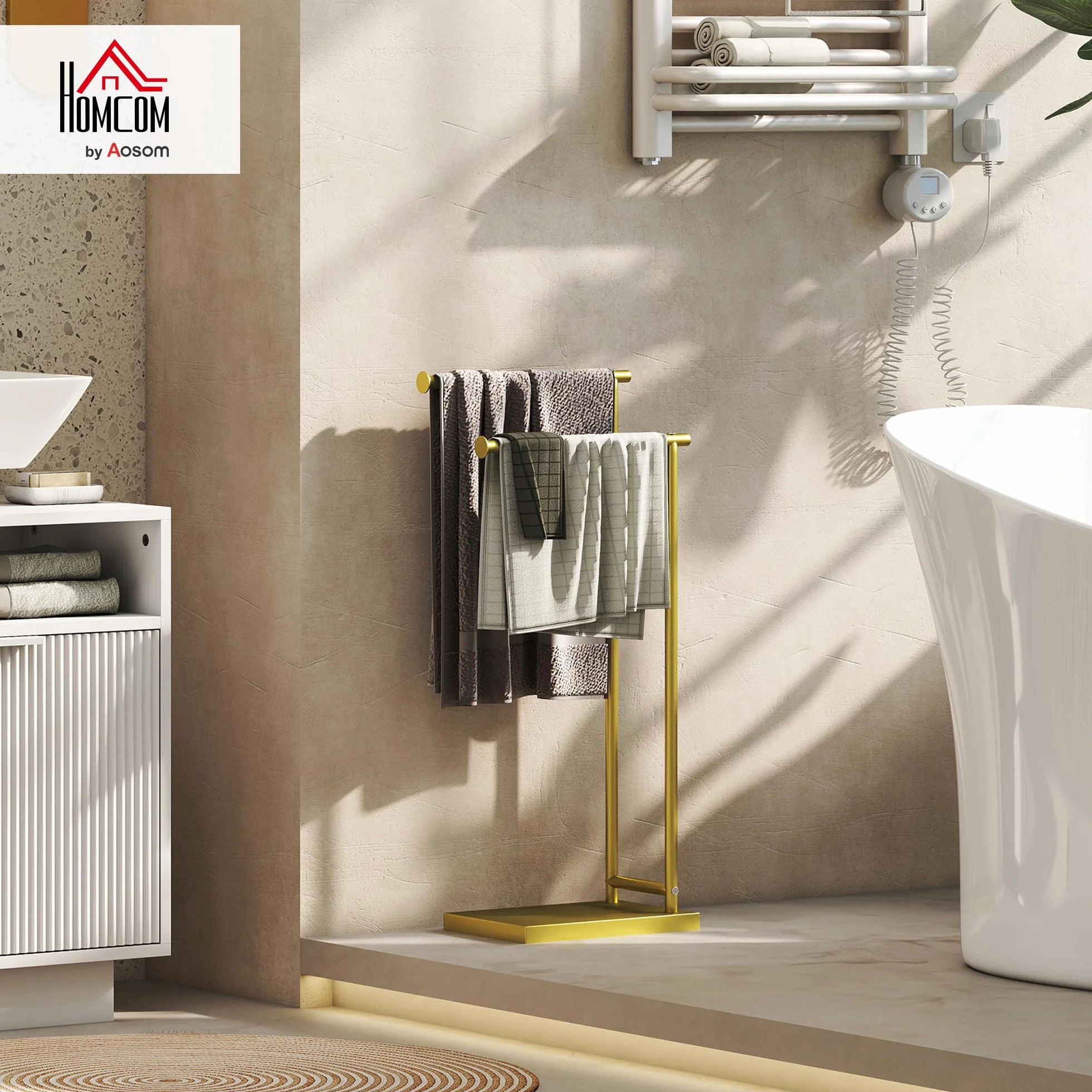 HOMCOM Portasciugamani da terra a 2 livelli scala da bagno metallico 35,5 x 20 x 78 cm oro