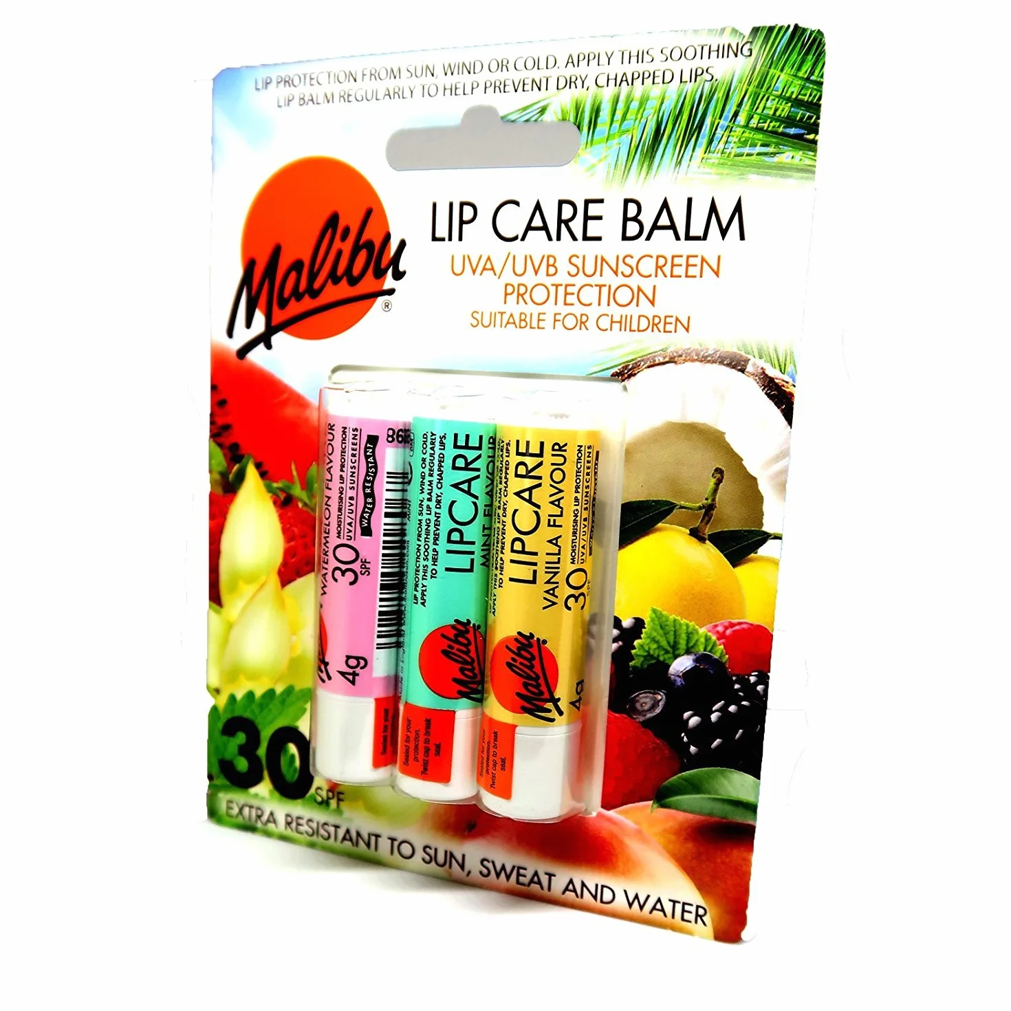 Malibu Balsamo per la cura delle labbra PROTEZIONE SCHERMO SOLARE UVA / UVB SPF30 (Confezione da 3)