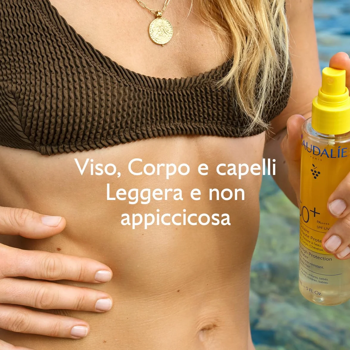 Caudalie Acqua Solare ad Altissima Protezione SPF50+ – CollagenSkinProtect™, Filtri Solari Organici, Viso Corpo e Capelli, Resistente all'Acqua, Vegano, PA++++, 150 mL