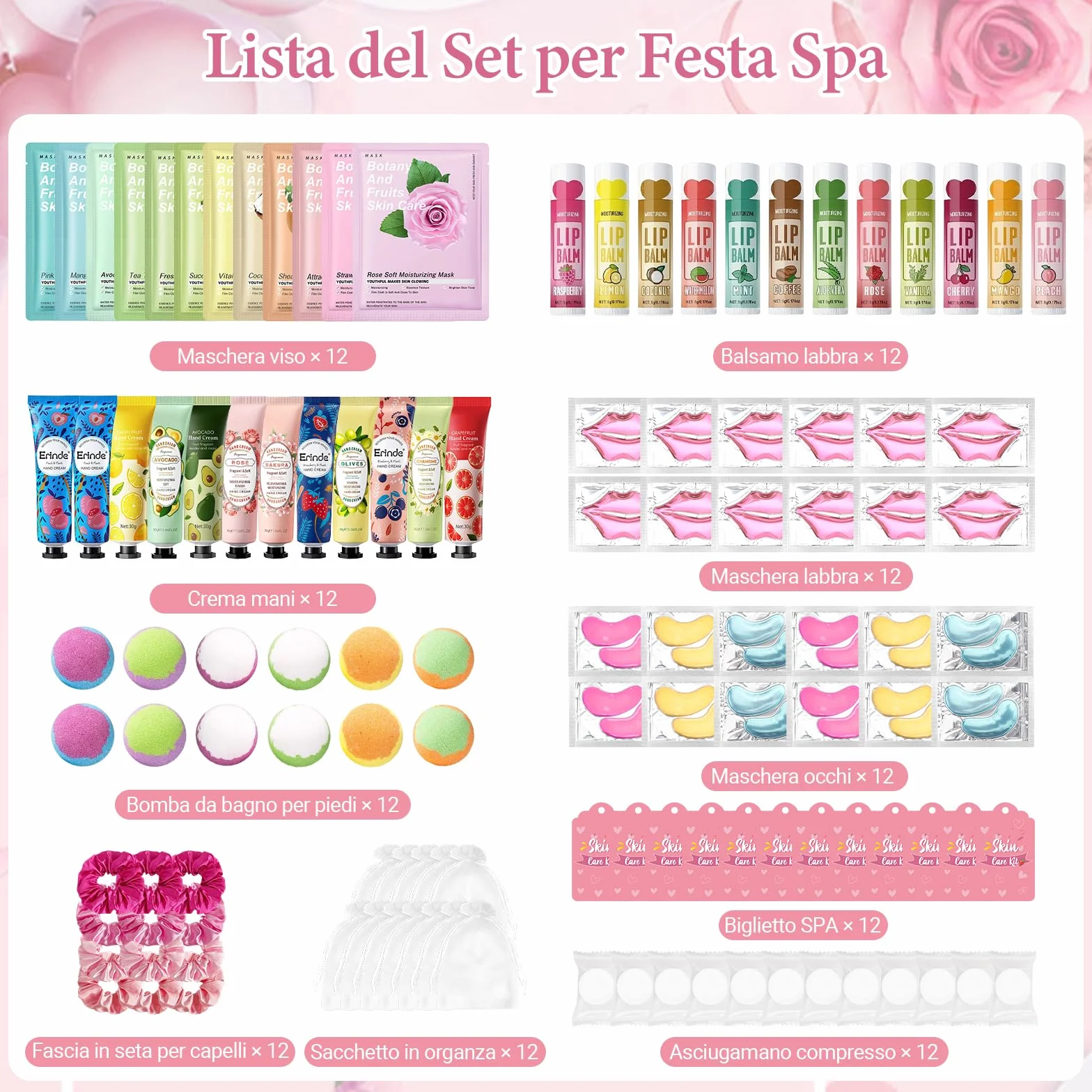 Erinde Set Spa Party da 120 Pezzi per Ragazze, Idee Regalo Donna, Accessori Spa con Maschere Viso per la Cura della Pelle, Crema Mani, Balsamo Labbra e Maschera Labbra, Set Regalo per Donne