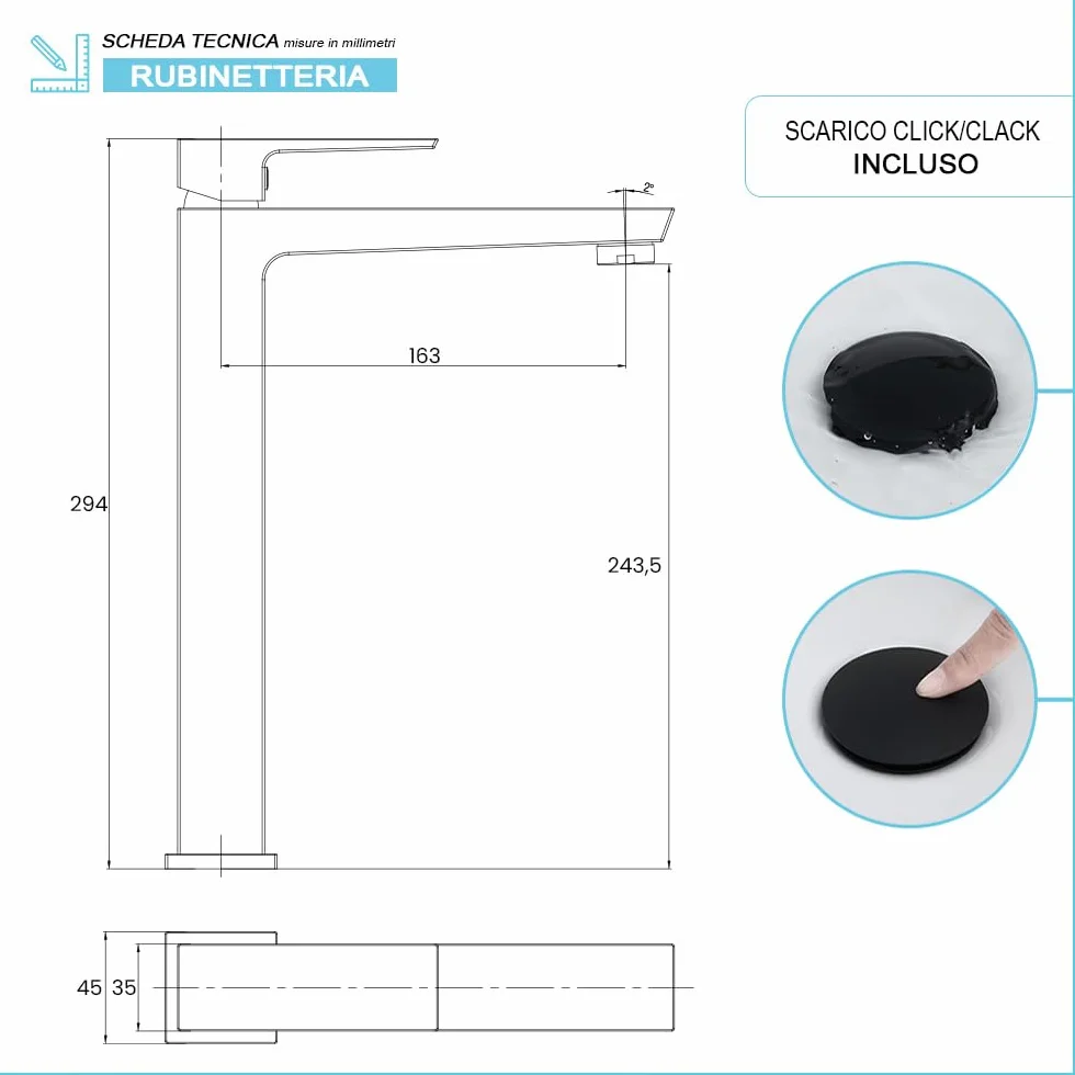 Set Miscelatori per Lavabo Alto e Bidet in Ottone Nero Opaco Linea Kubo con Pilette Click Clack e Kit Montaggio