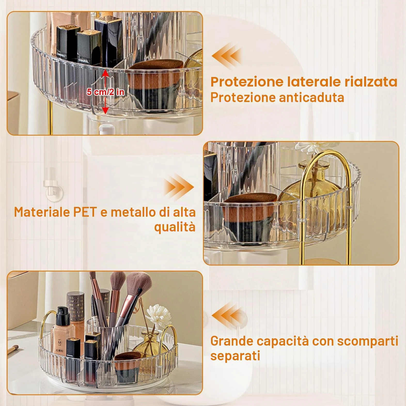 SHANNA Organizer Trucco: Porta Trucchi Rotante a 360° a 3 Livelli, Grande Capacità, Porta Pennelli Rotante Multifunzione, per Comò, Camera da Letto (Chiaro-A)