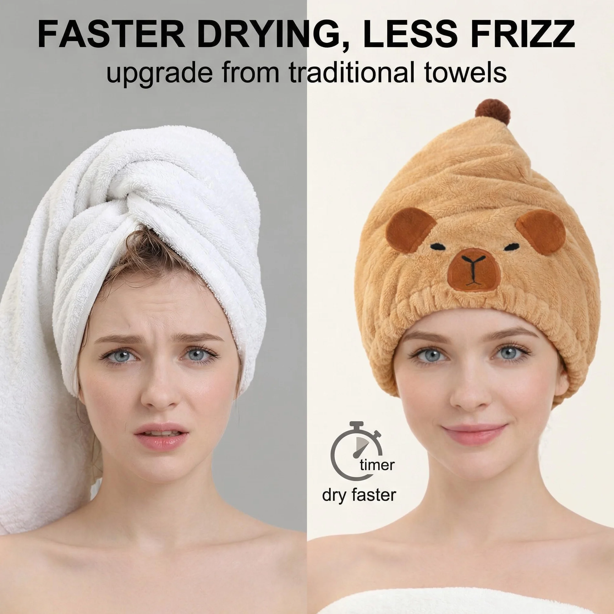 2 Pcs turbante asciugacapelli, Capybara Asciugamano in Microfibra per Capelli Asciugatura Rapida Turbante Super Assorbente con Bottone per Donne Capelli Lunghi