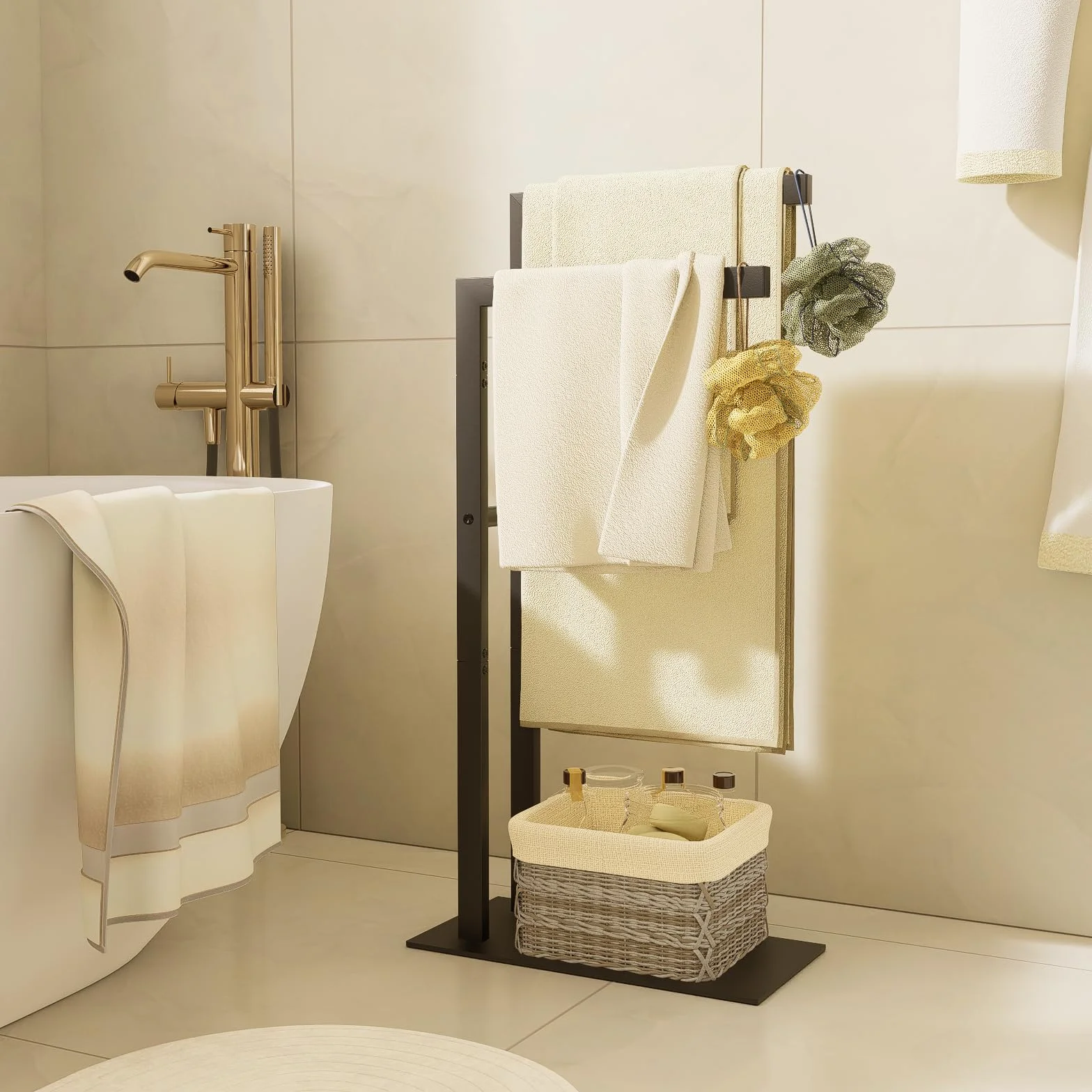 Yawinhe Porta Asciugamani Bagno da Terra in Acciaio Inox 2 Bracci 40x20x80cm Nero