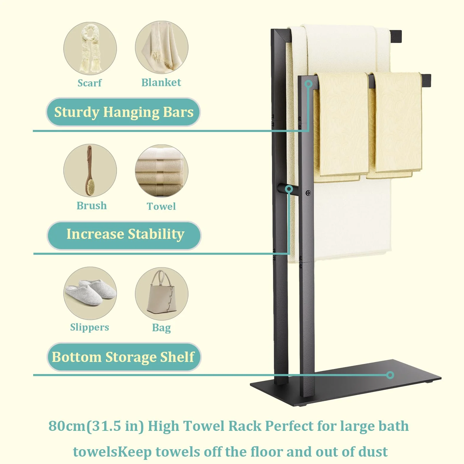 Yawinhe Porta Asciugamani Bagno da Terra in Acciaio Inox 2 Bracci 40x20x80cm Nero