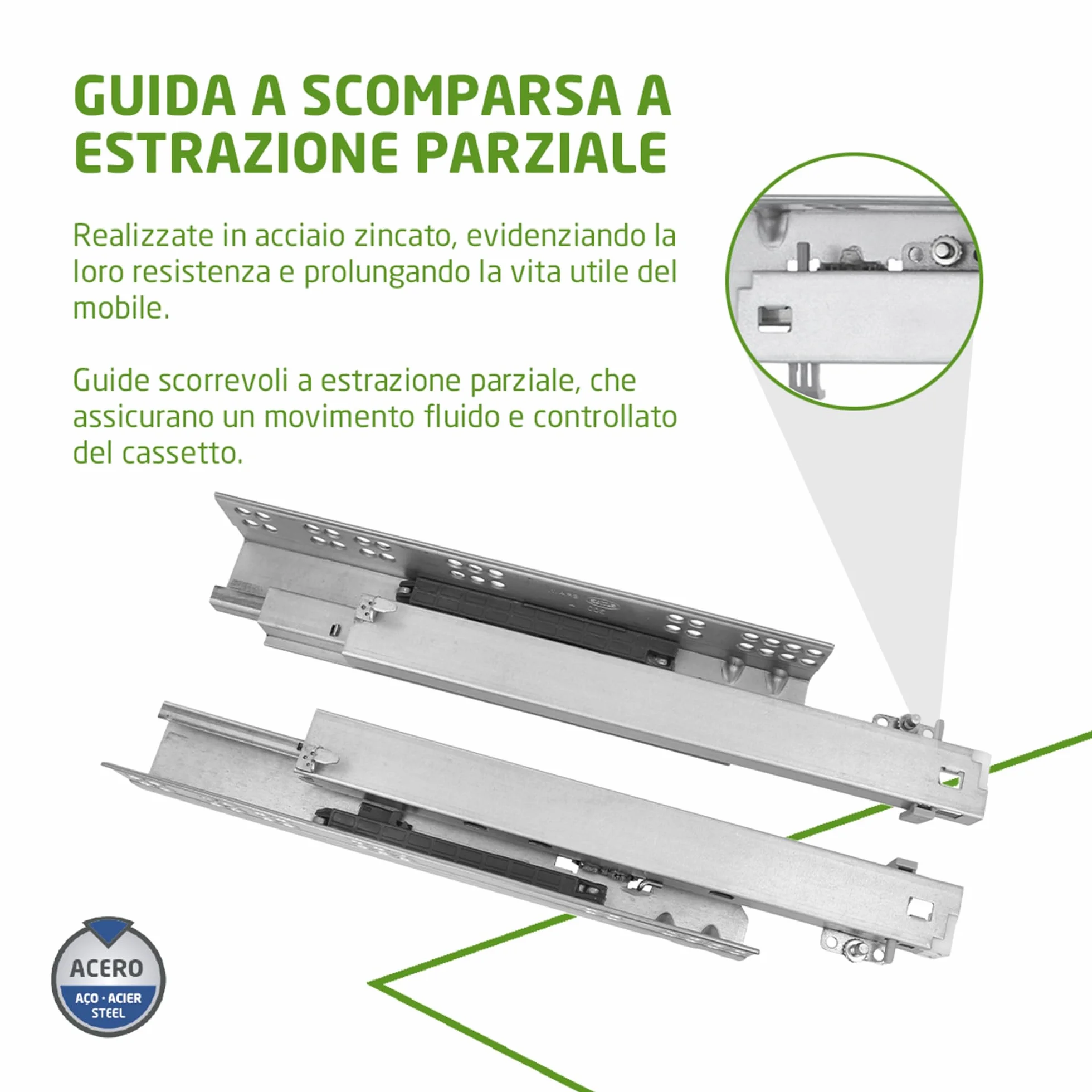 Amig Set di 2 guide scorrevoli Mod.40 in acciaio zincato 25 kg/coppia con chiusura automatica