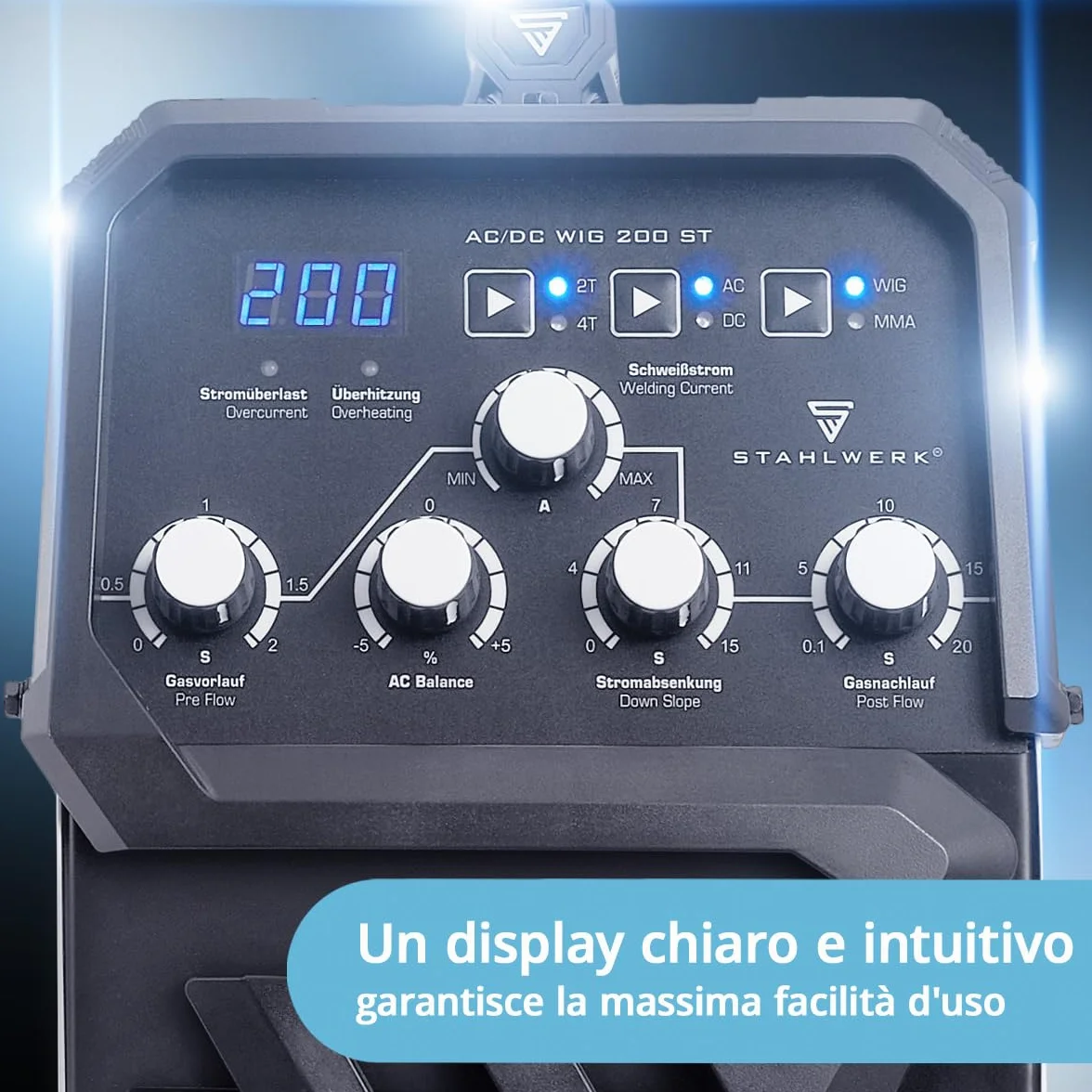 STAHLWERK Saldatrice 2-in-1 AC/DC TIG 200 ST TIG MMA 200 A HF Hotstart Anti-Stick IGBT