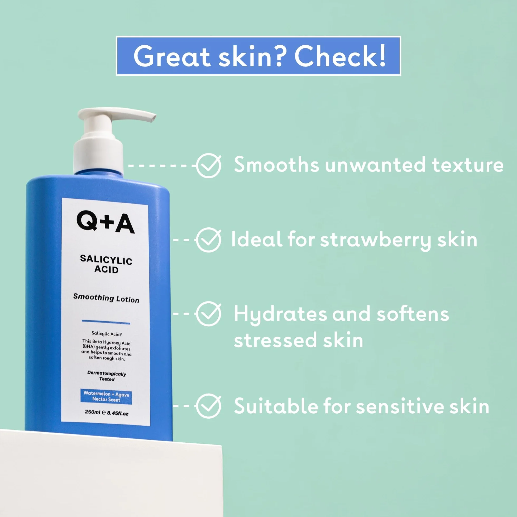 Lozione Levigante all'Acido Salicilico Q+A per la Cura Mirata del Corpo, un BHA che esfolia la pelle, contrasta il 'backne' e la texture indesiderata, favorisce una pelle più liscia e sana, 250ml