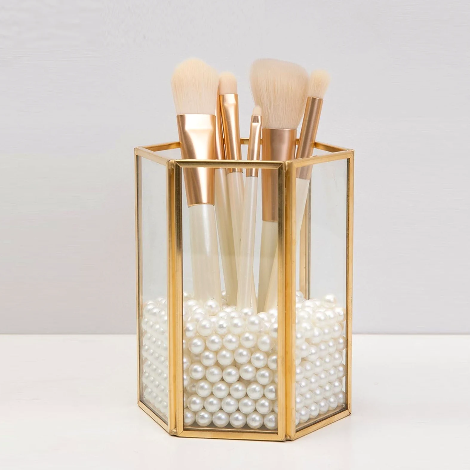 Generic Porta Pennelli Trucco in Vetro Trasparente Perle Bianche Contenitore Organizer da Banco senza Coperchio Porta Scopino per Organizzare e Risparmiare Spazio Sul Piano di Lavoro