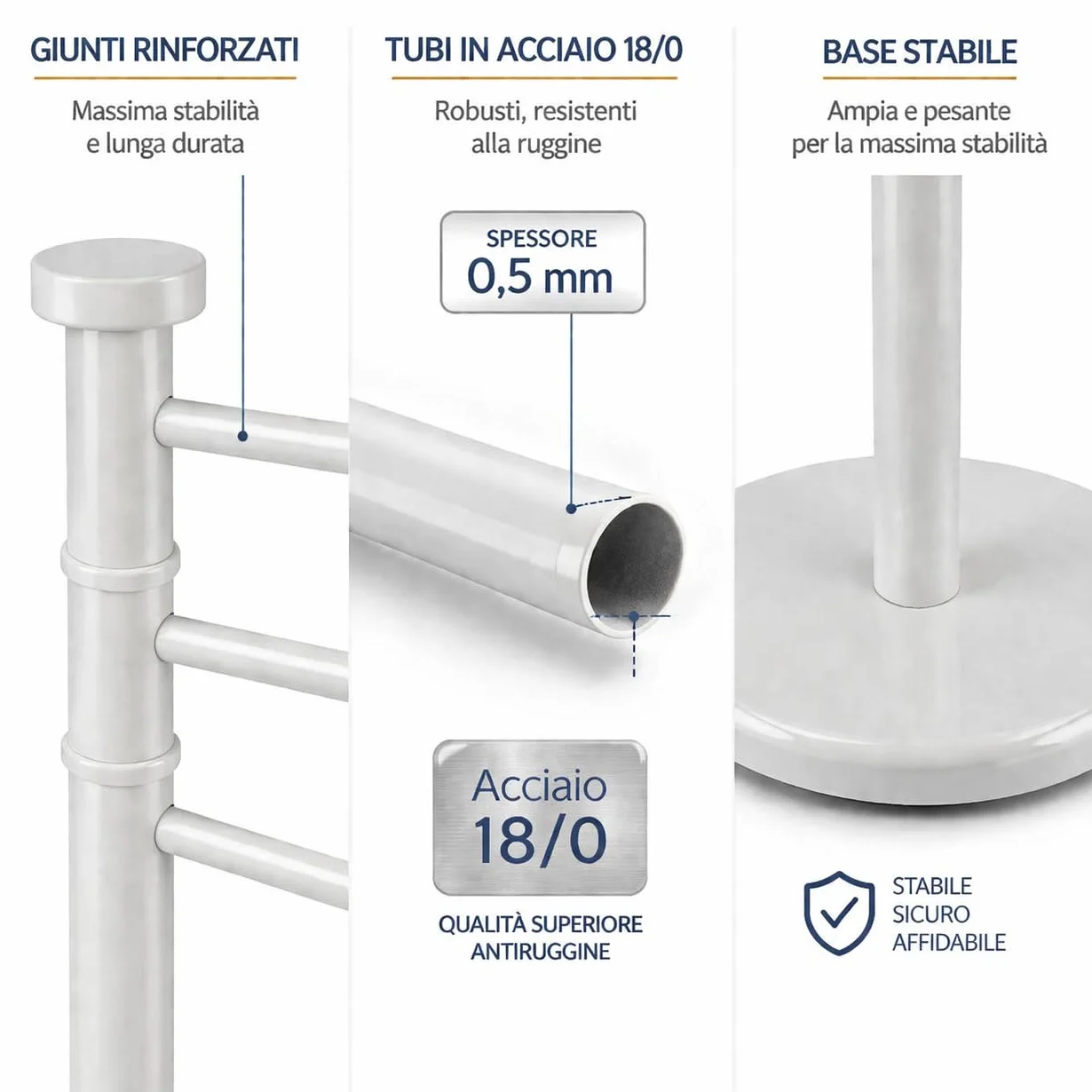 Portasciugamani da Terra Acciaio Inox Bianco 3 Bracci Girevoli 90 cm