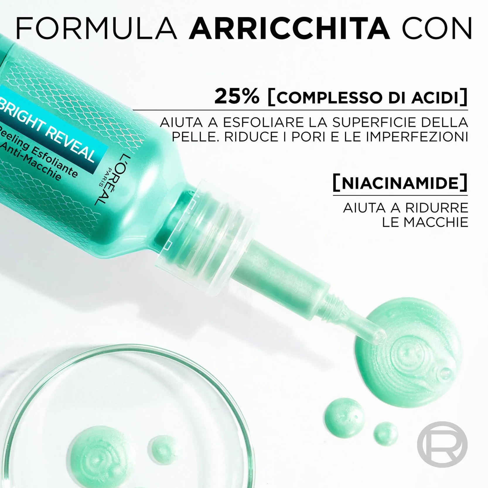 L’Oréal Paris Peeling Esfoliante, Per Tutti i Tipi di Pelle, Incarnato Levigato e Uniforme, Con Niacinamine e 25% AHA + BHA + PHA, Bright Reveal, 25 ml