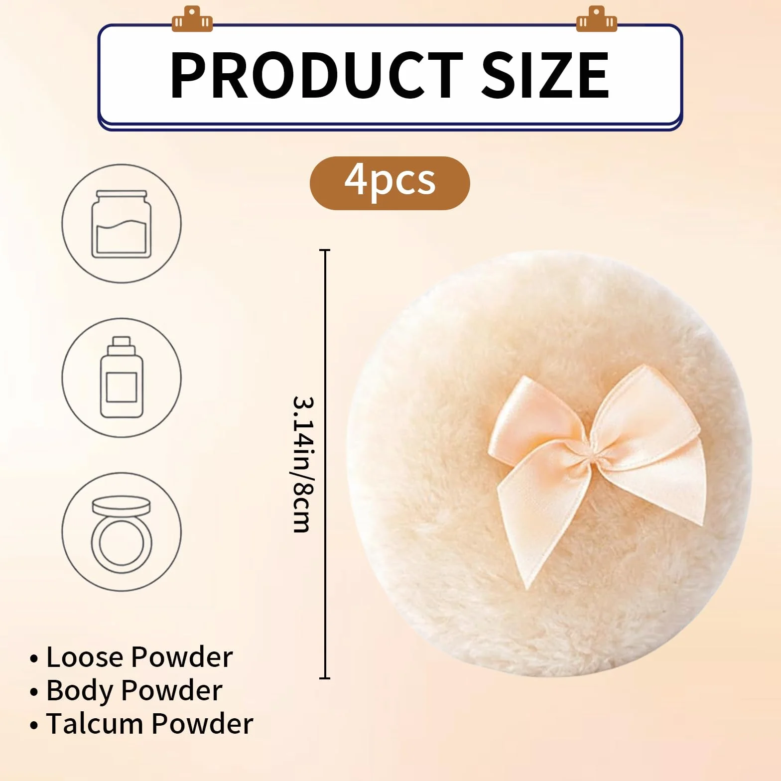 Piumino per Cipria Grande Set 4 Pezzi Piumino per Polvere Corporea Morbido Fluffy Lavabile con Nastro per Trucco Donna Bianco Beige