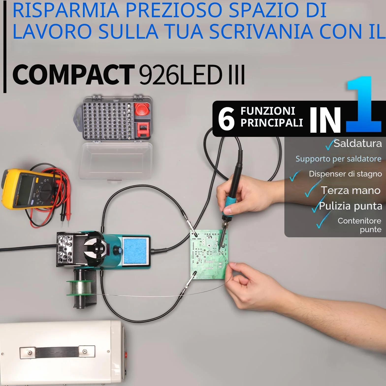 YIHUA 926LED III 60W Stazione Saldante Saldatore a Stagno Display Digitale 2 Mani d'Aiuto 5 Punte Extra Filo Saldatura Senza Piombo Auto Sleep Calibrazione EU Plug