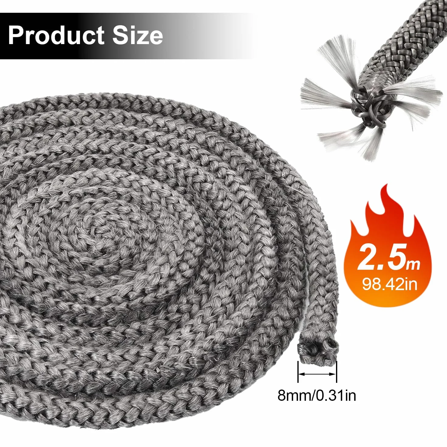 Guarnizione Stufa a Pellet 8 mm x 2.5 m Fibra di Vetro per Camino e Porta Forno